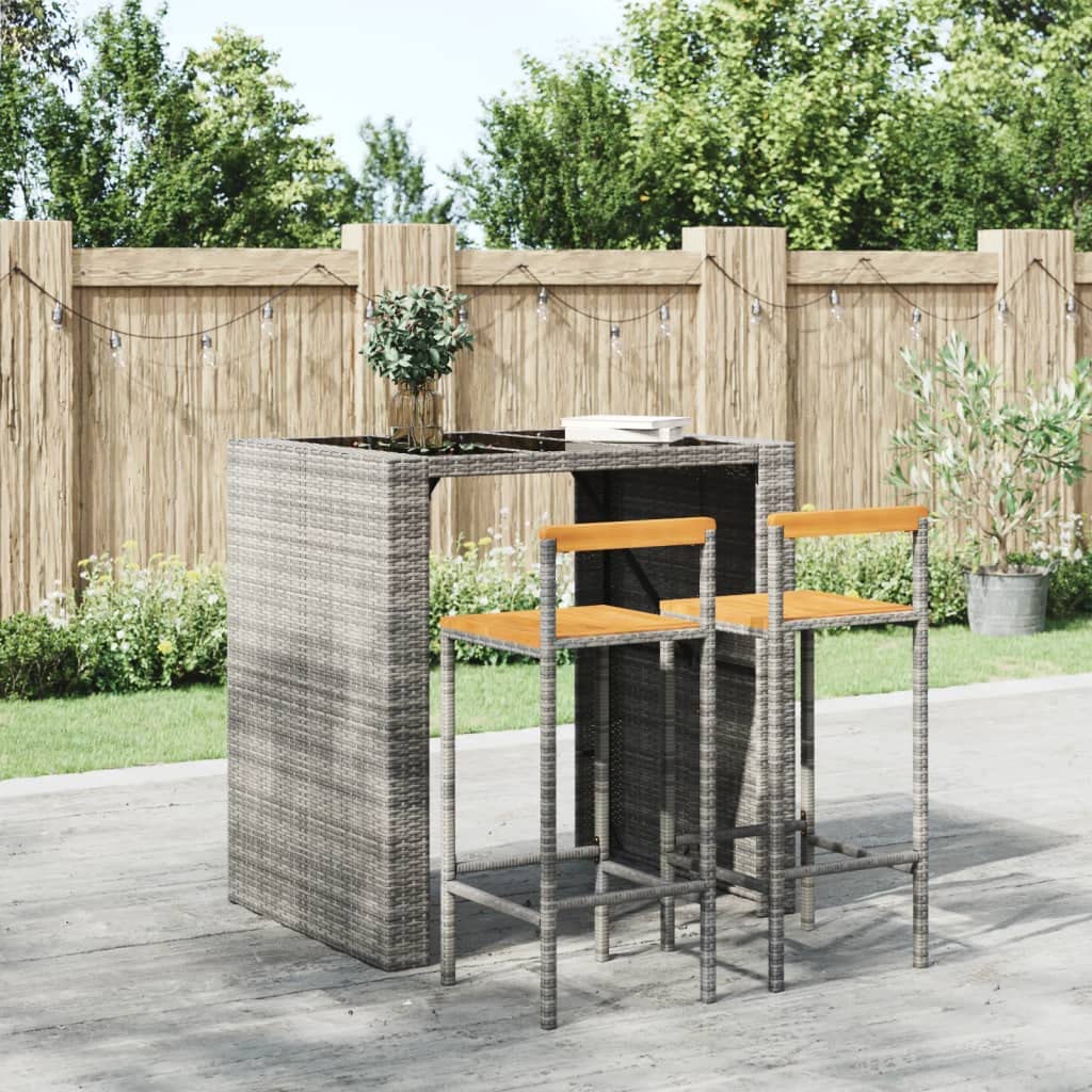 vidaXL Gray Bar Stools Made from Poly Rattan and Acacia Wood - Modern Design, Weather-Resistant, Comfortable Seating with Built-in Footrest, Easy-to-Move, Perfect for Outdoor/Indoor Use