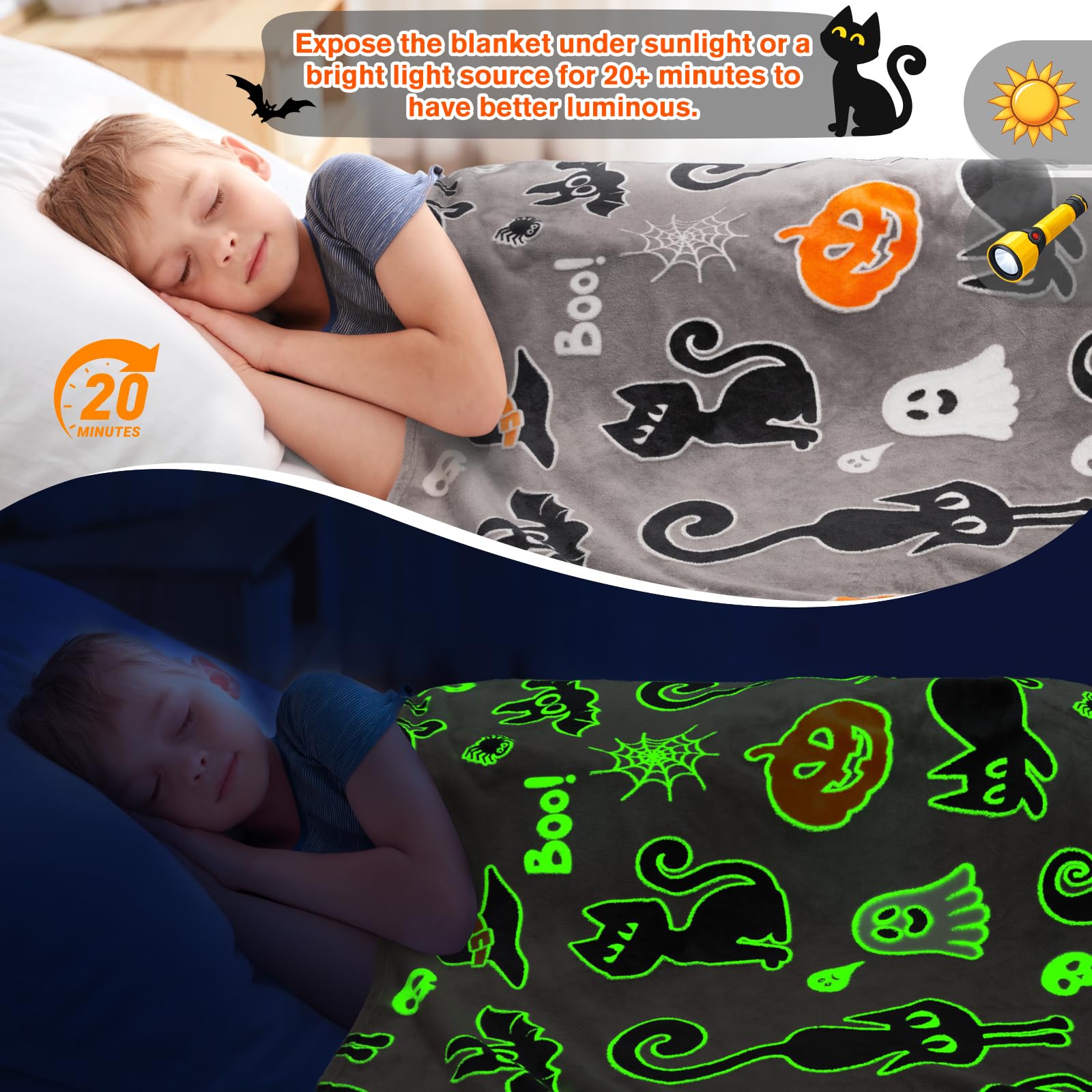 Halloween Decorations Blanket Gifts For Kids - Pumpkin Spooky Bat Cat Glow In The Dark Soft Throw Toys Presents For Boys Girls T