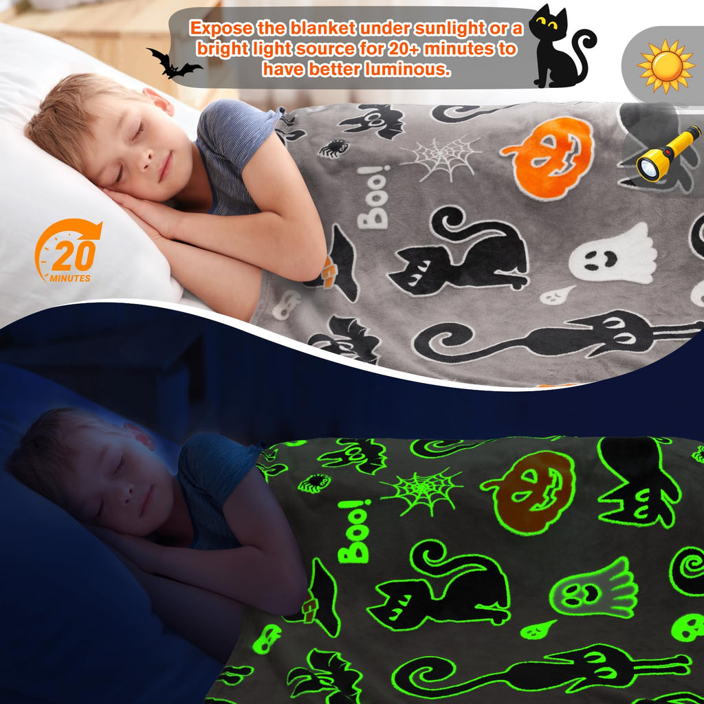 Halloween Decorations Blanket Gifts For Kids - Pumpkin Spooky Bat Cat Glow In The Dark Soft Throw Toys Presents For Boys Girls T