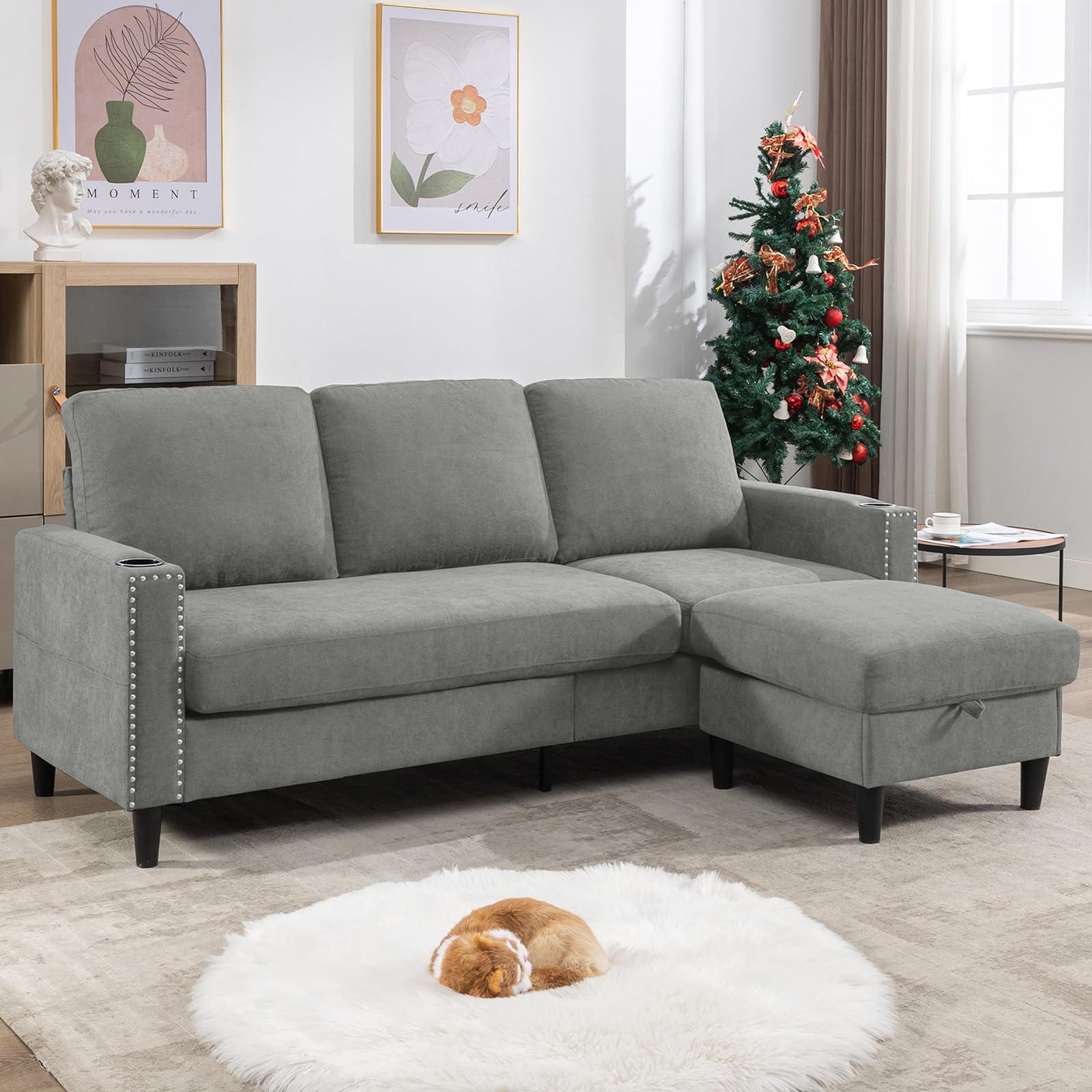 Siiejia Convertible Sectional Couch Sofa, 3 Seats Couches for Living Room, L-Shaped Couch with Storage Chaise and 2 Cup Holders,