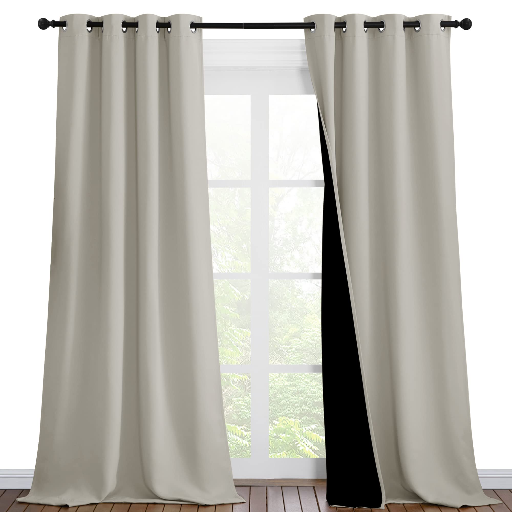 Nicetown Natural Blackout Curtains 90 Inches Long, Full Light Blocking Drapes With Black Liner For Nursery, Thermal Insulated Dr