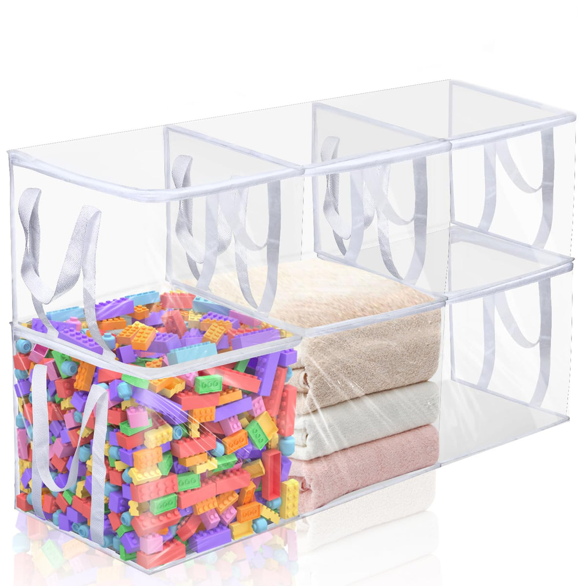 Wholelovein 6 PCS Clear Plastic Organizers 12x12x12 Blanket Storage Bags with Zipper Storage Cube Tote with Reinforced Han