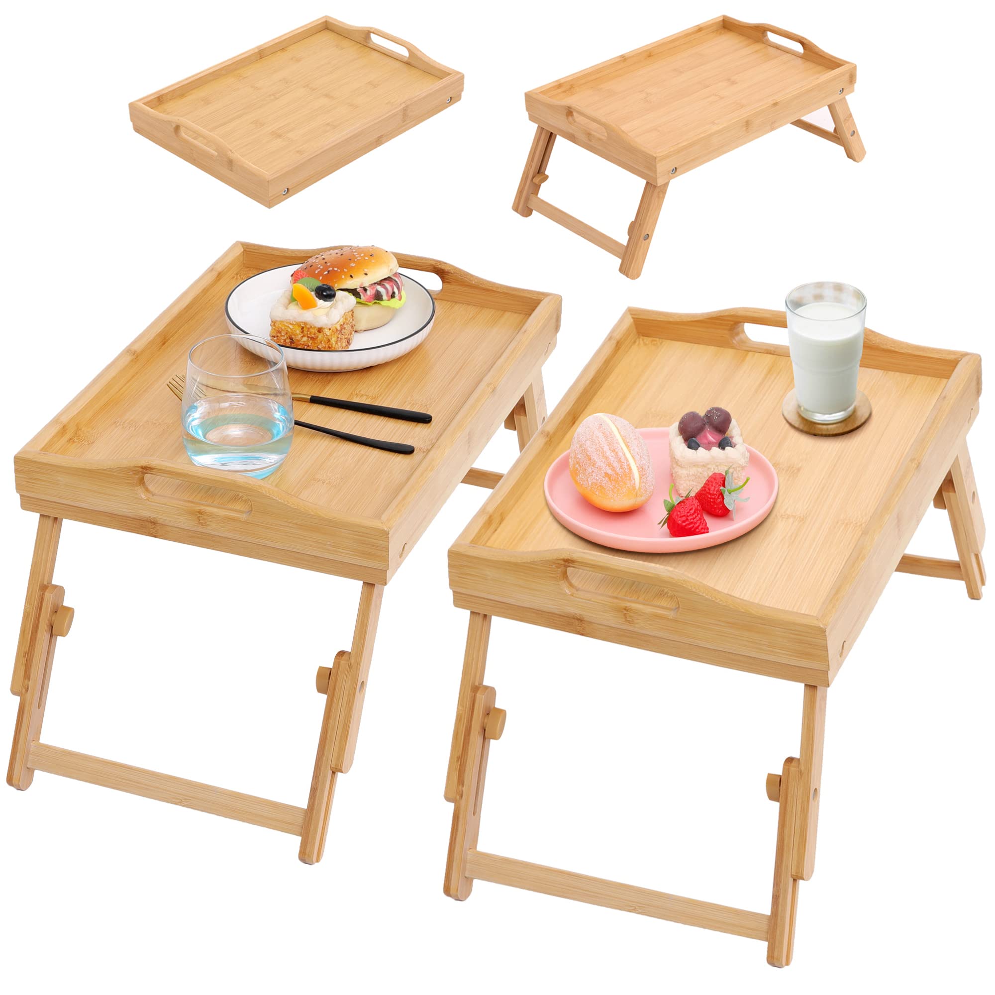 JESSILIN HOME 2 Pack Bamboo Bed Tray Table, Breakfast Tray with Folding Adjustable Legs, Food Tray with Handles, Whole Bamboo