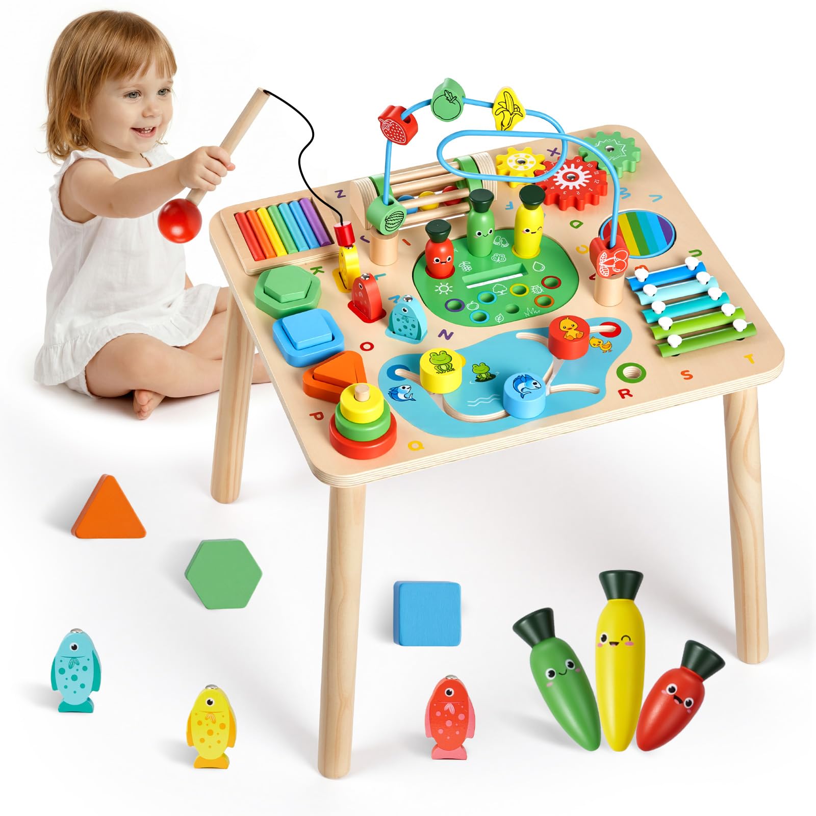 VEVOR Montessori Activity Table for Toddler 1-3 Years Old, 13 in 1 Wooden Learn Activity Desk, Baby Play Table for Boys & Girls 