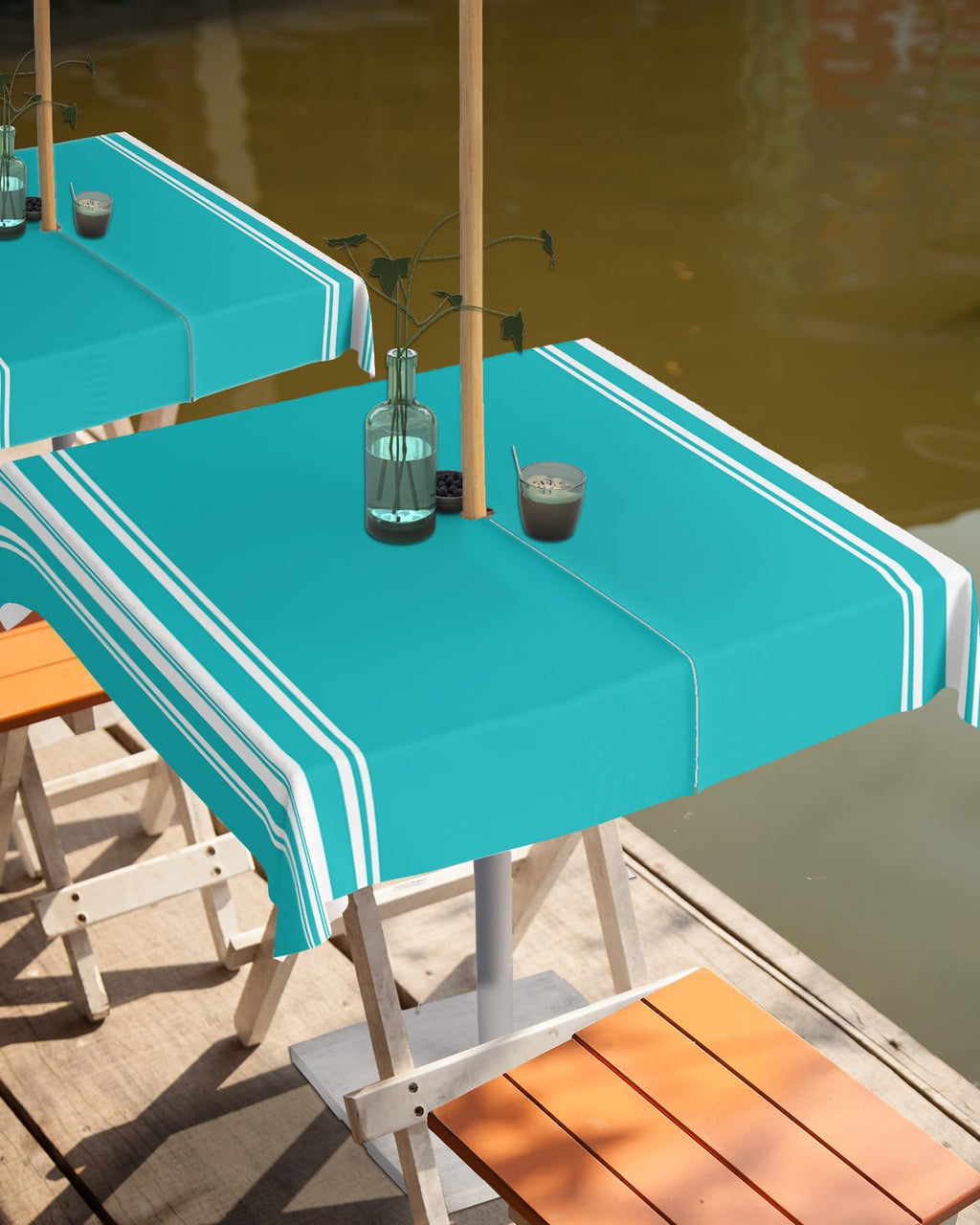 Queenker Outdoor Tablecloth With Umbrella Hole, Farmhouse Aqua White Stripe Square Tables Waterproof Tabletop Collection For Pat