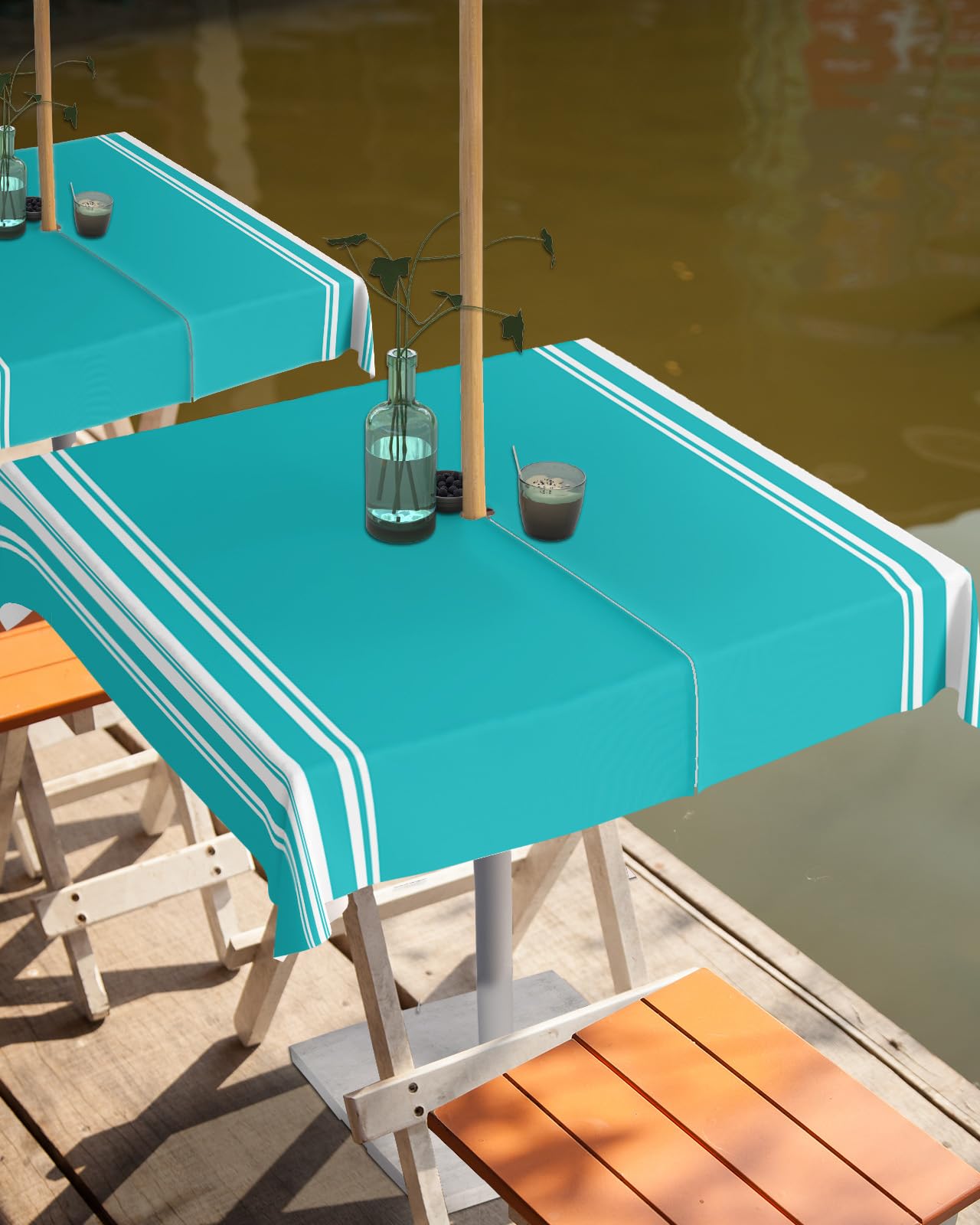 Queenker Outdoor Tablecloth With Umbrella Hole, Farmhouse Aqua White Stripe Square Tables Waterproof Tabletop Collection For Pat