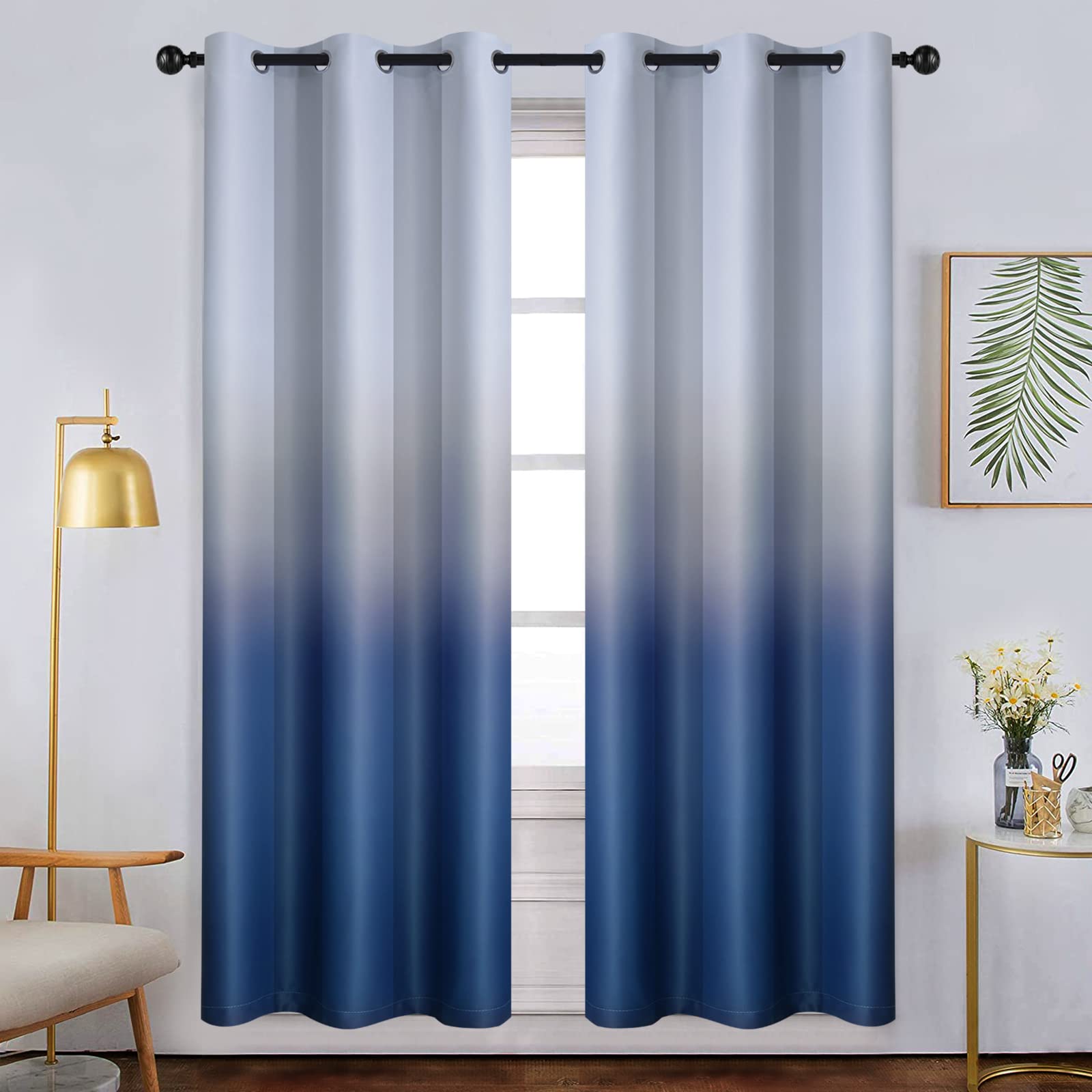 Yakamok Light Blocking Ombre Curtains,Blue And Greyish White Gradient Color Curtains For Bedroom, Room Darkening Thermal Insulat