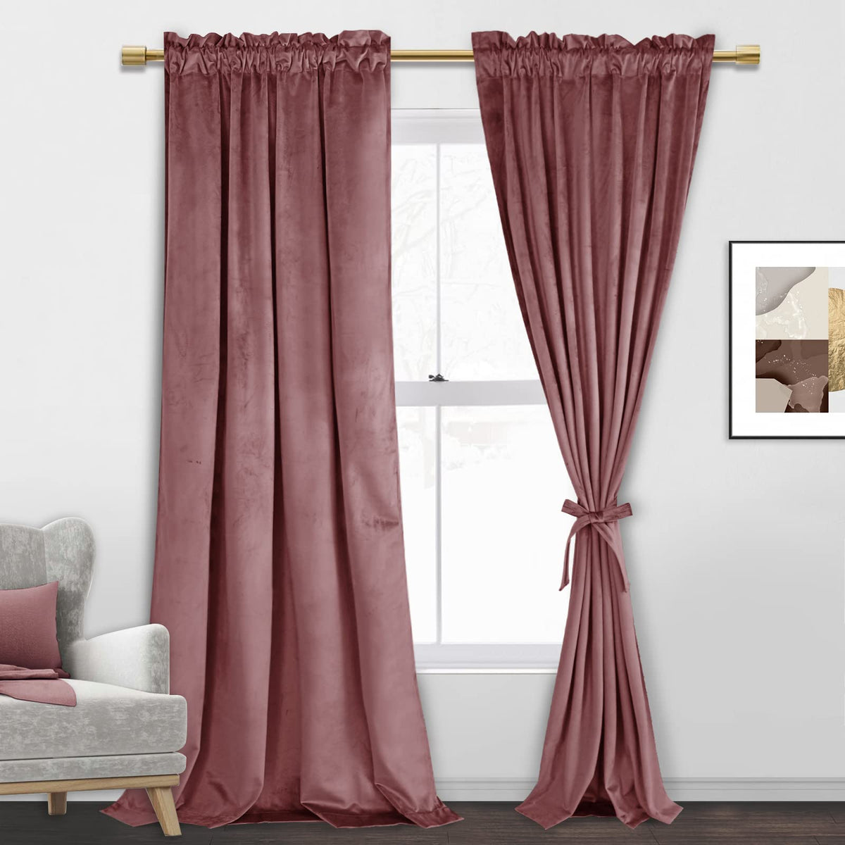 Jiuzhen Wild Rose Velvet Curtains 90 Inches For Living Room - Privacy Protect Room Darkening Rod Pocket Thick Velvet Window Drap