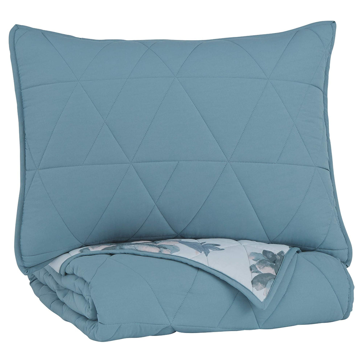 Benjara Geometrically Stitched Twin Size Fabric Comforter Set With 1 Sham, Blue