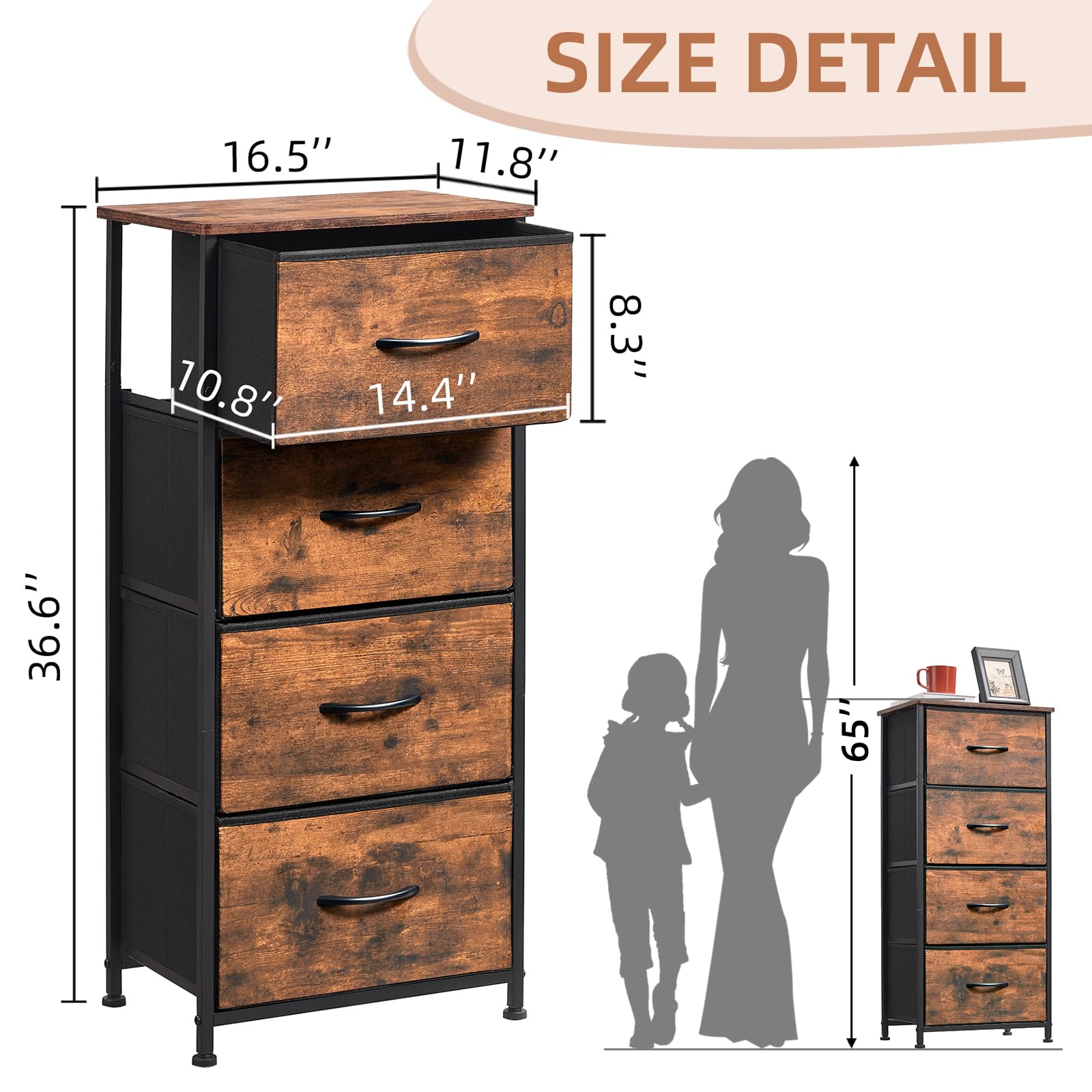 Somdot Tall Dresser For Bedroom With 4 Drawers, Storage Organizer Chest Of Drawers With Removable Fabric Bins For Living Room Closet Bedside Nursery Laundry Entryway Hallway, Wood Grain Print