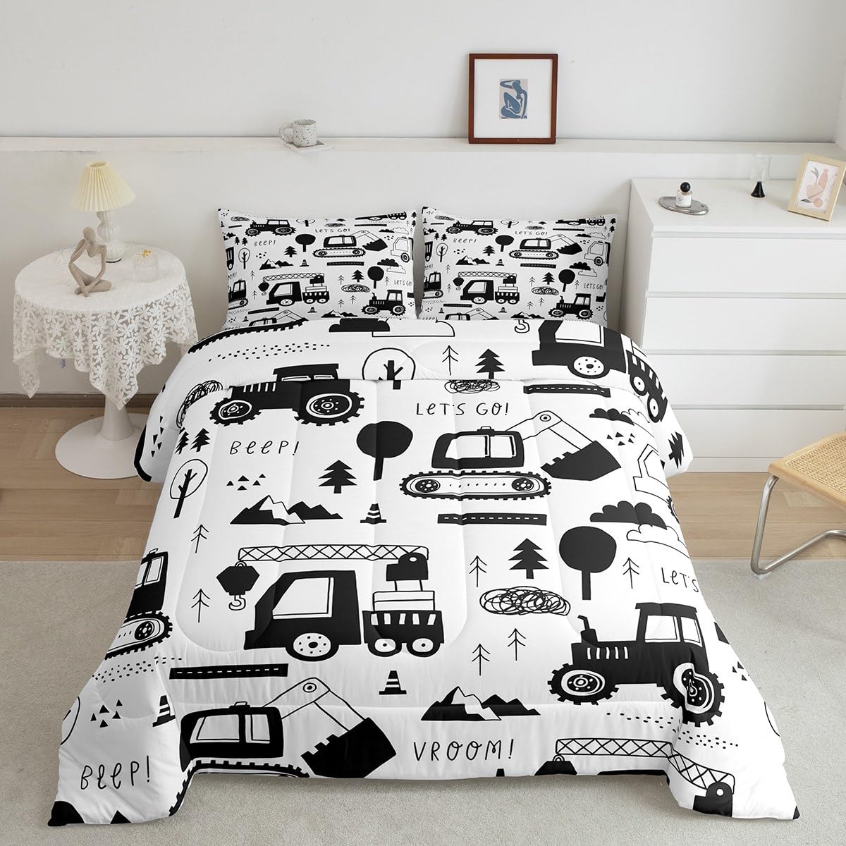 Feelyou Construction Bedding Set Twin Size Equipment Trucks Comforter Set For Kids Boys Girls Decor Cartoon Car Excavator Tracto