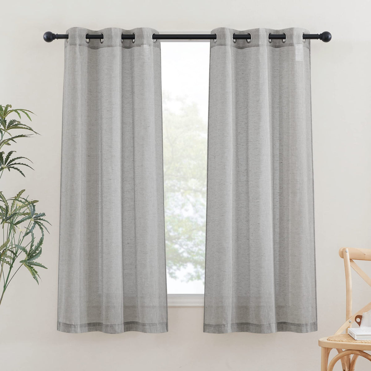 Nicetown Grey Linen Curtains 63 Inch Length 2 Panels, Grommet Flax Semi Sheer Linen Blend Curtains & Drapes Privacy With Light F