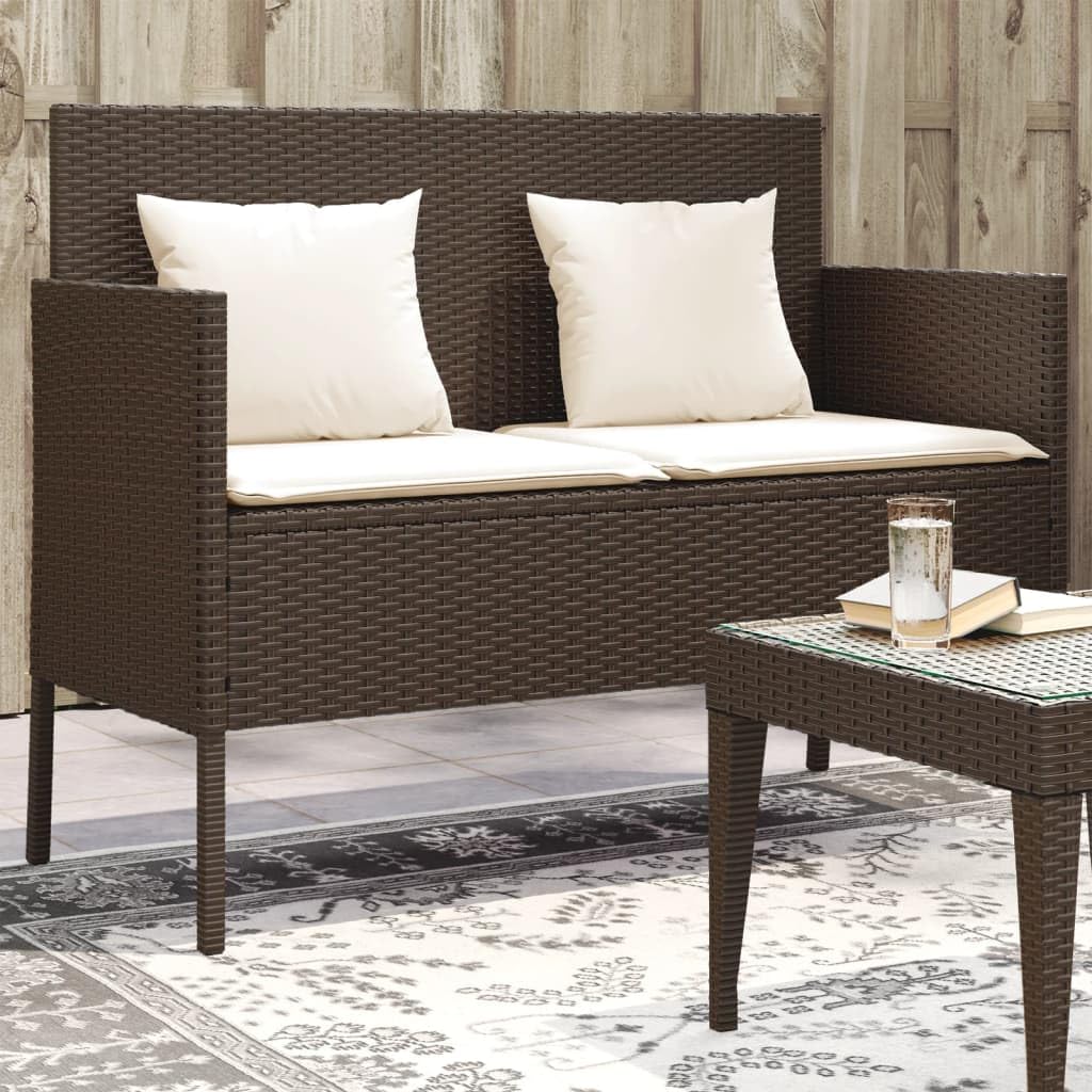 vidaXL Patio Loveseat with Cushions - Brown Poly Rattan Outdoor Bench, Storage Function, Comfort Seating, for Deck/Garden
