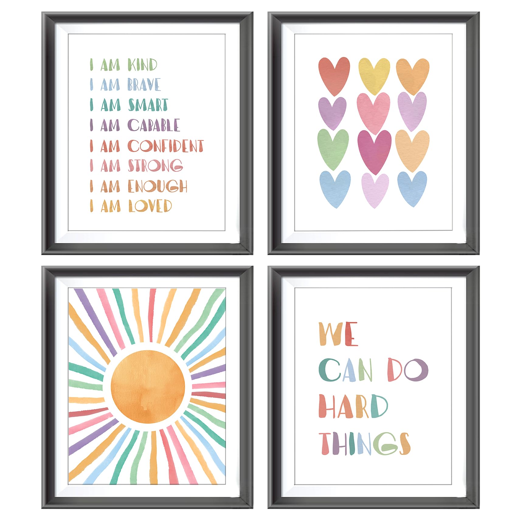I am Kind Brave Smart Affirmations Colorful Sun Sunshine Hearts Poster Prints for Girls Kids Room Playroom Decor,Girl Nursery De