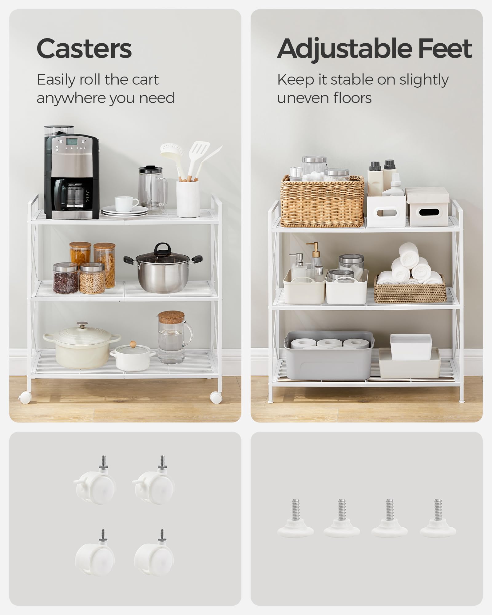 Songmics 3-Tier Metal Storage Rack With Wheels, Mesh Shelving Unit With X Side Frames, 31.5-Inch Width, For Entryway, Kitchen, Living Room, Bathroom, Industrial Style, White Ubsc183W01