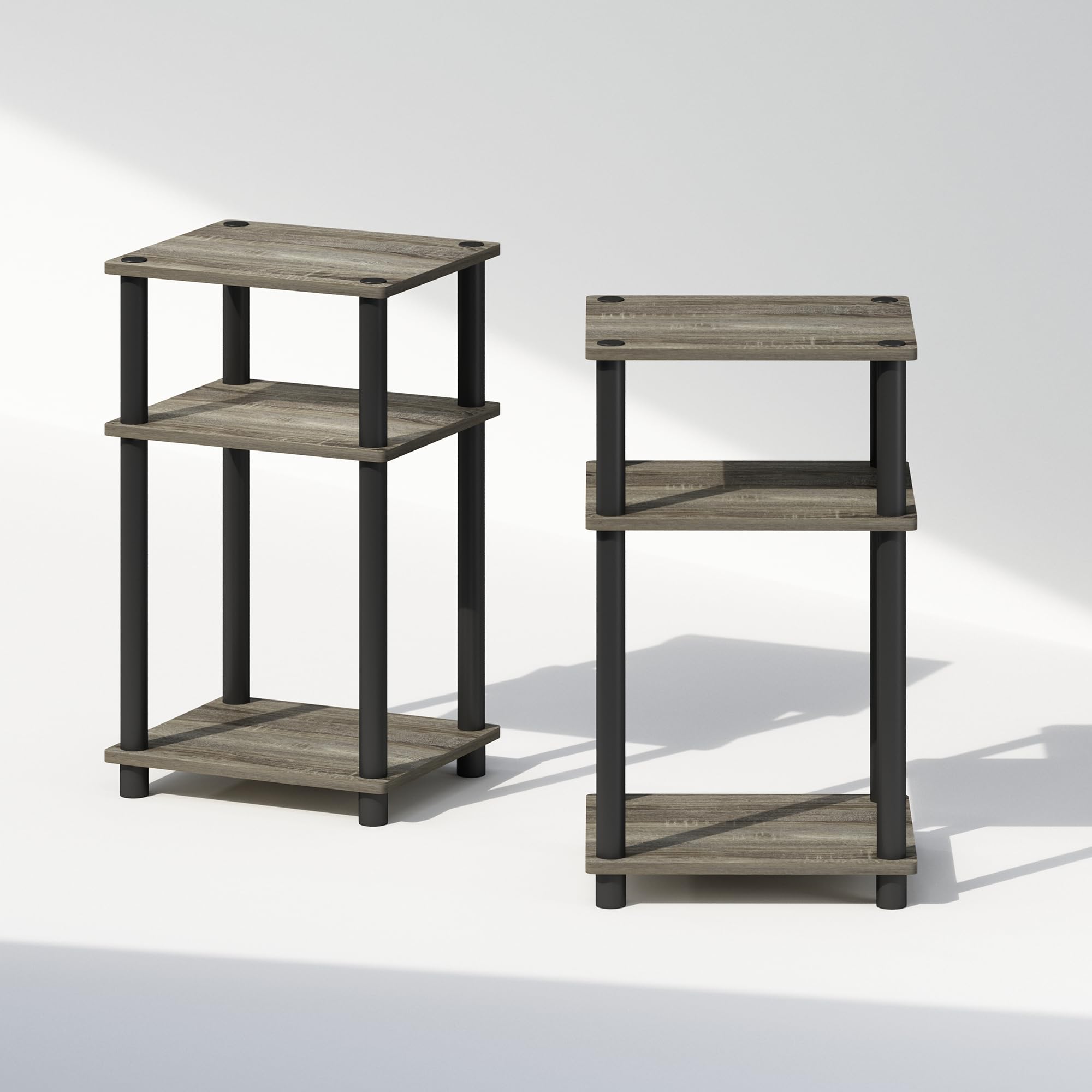 Furinno Just 3-Tier Turn-N-Tube Open Storage Nightstand, 2-Pack, Plastic Poles, French Oak/Black