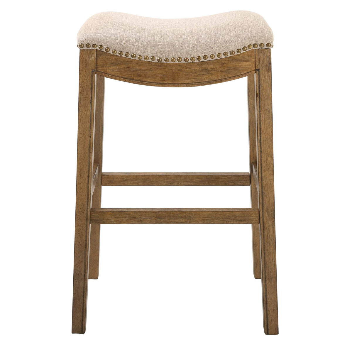 HomeRoots Bar Height Saddle Style Counter Stool with Cream Fabric and Nail Head Trim