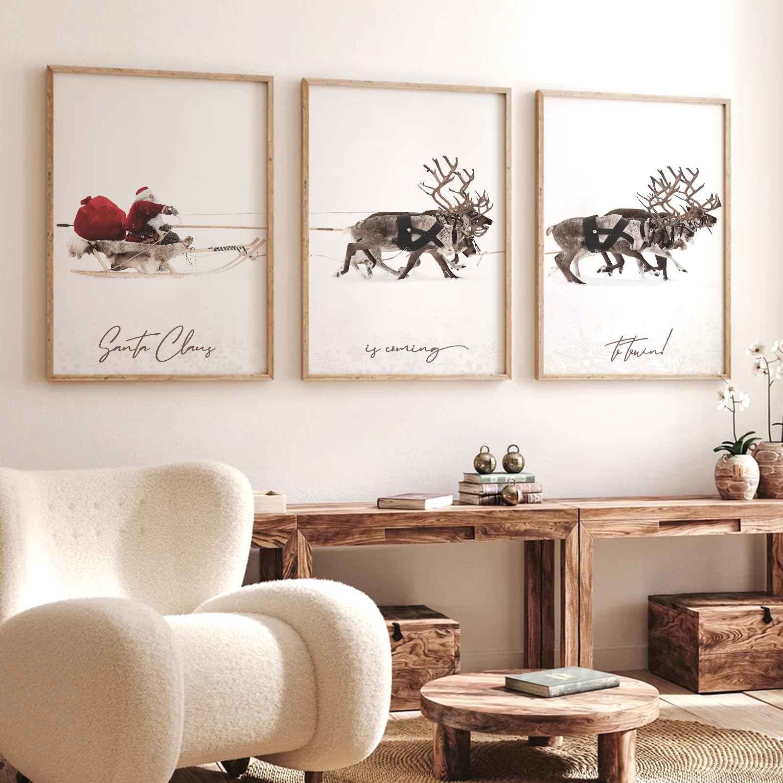 JarThenaAMCS 3Pcs Large Christmas Canvas Wall Art Prints Santa Claus with Sleigh Deer Art Poster Winter Xmas Wall Decor for Gall