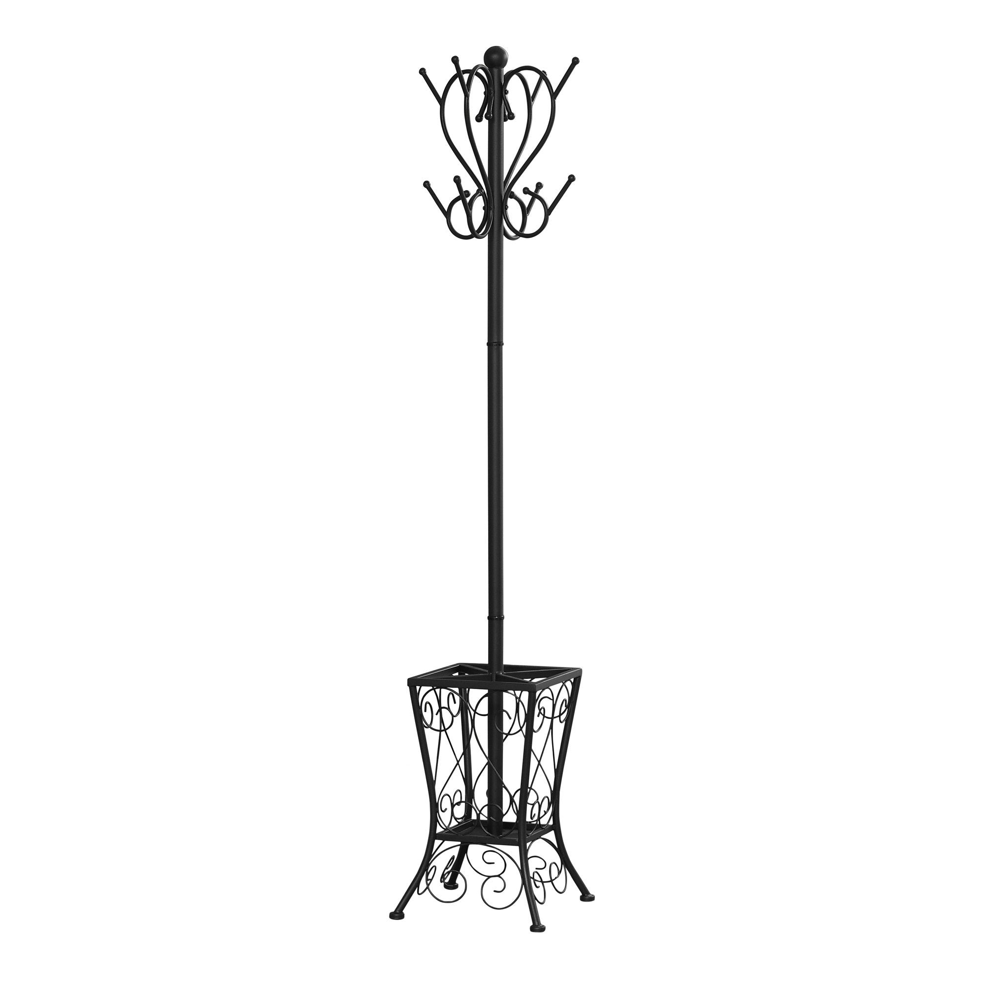 Monarch Specialties 2060, Hall Tree, Free Standing, 8 Hooks, Entryway, 71' H, Umbrella Holder, Bedroom, Metal, Black, Transitional Coat Rack