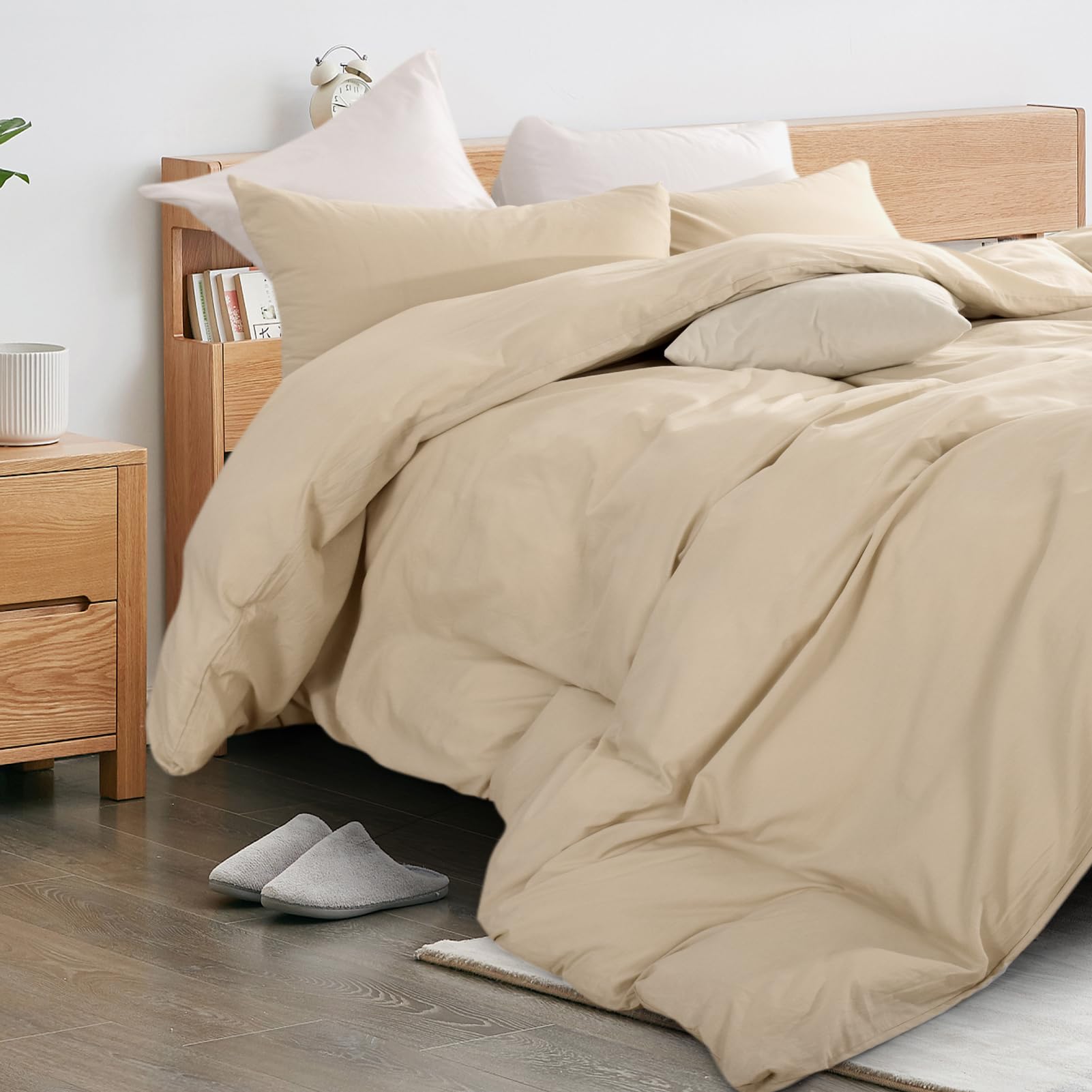 Nexhome Pro Cotton Duvet Cover Oversized Queen 92'X98' Linen Look Textured Organic Natural 100% Washed Cotton Duvet Cover 3 Pieces Bedding Set Beige Zipper Closure, Breathable (No Comforter)