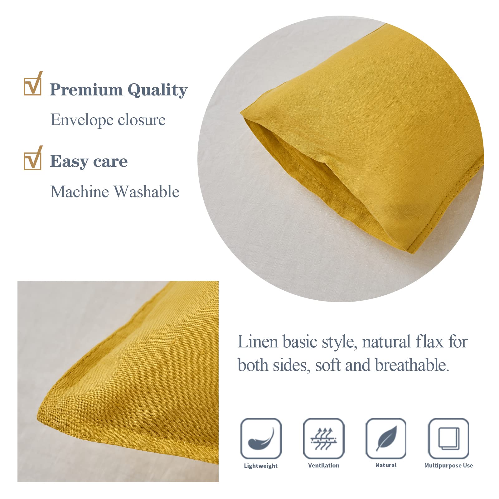 Simple&Opulence 100% Linen Lumbar Pillow Cover 12 X 20 Inches Set Of 2 Rectangular Decorative Throw Cushion Cover For Couch Sofa Bed Living Room Office Soft Breathable Farmhouse - Mustard Yellow