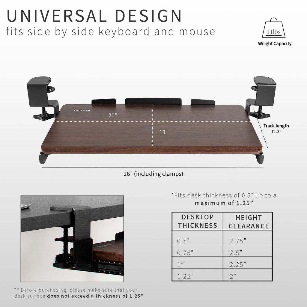Vivo Small Clamp-On Computer Keyboard And Mouse Under Desk Slider Tray, 20 X 11 Inch Pull Out Platform Drawer, Dark Wood, Mount-