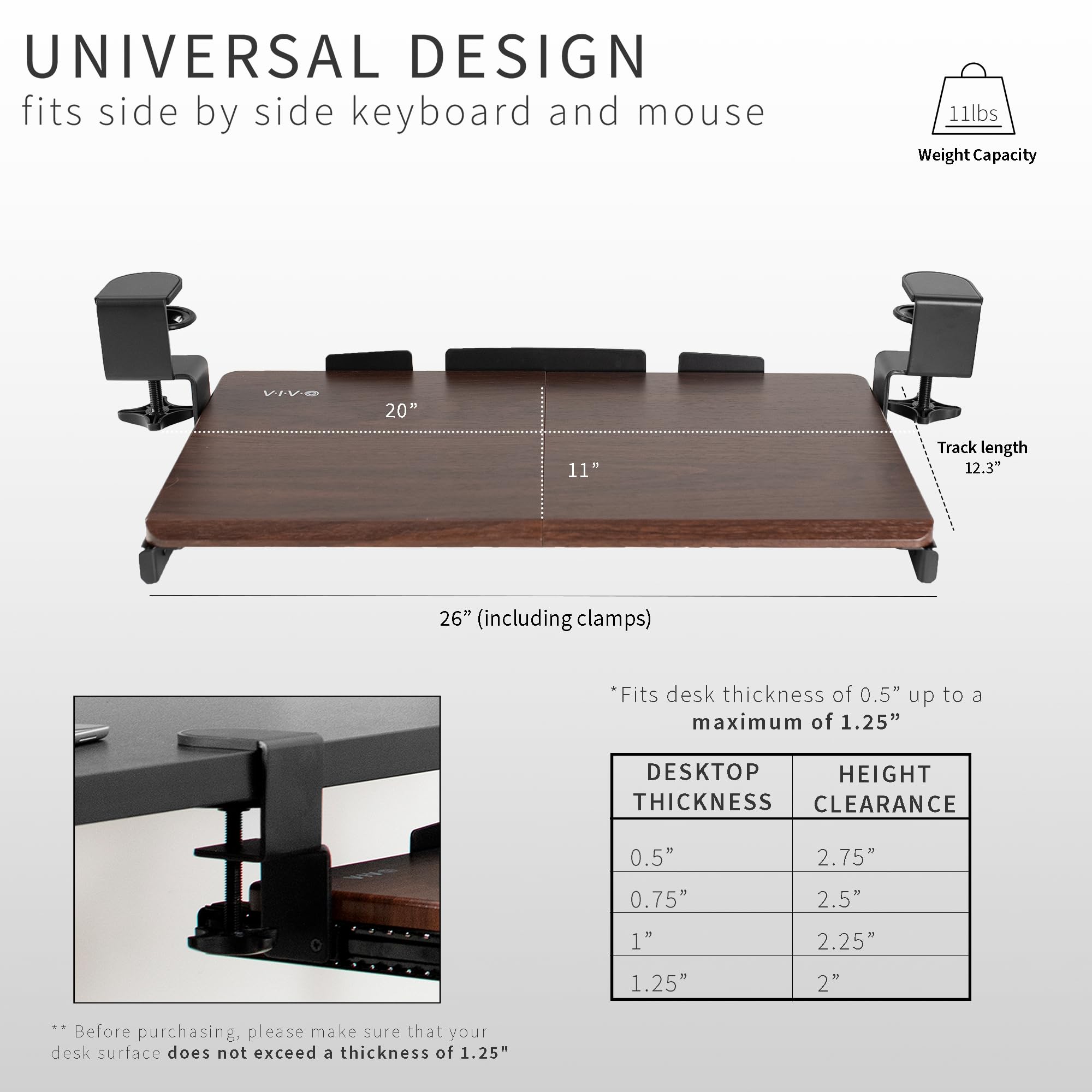 Vivo Small Clamp-On Computer Keyboard And Mouse Under Desk Slider Tray, 20 X 11 Inch Pull Out Platform Drawer, Dark Wood, Mount-