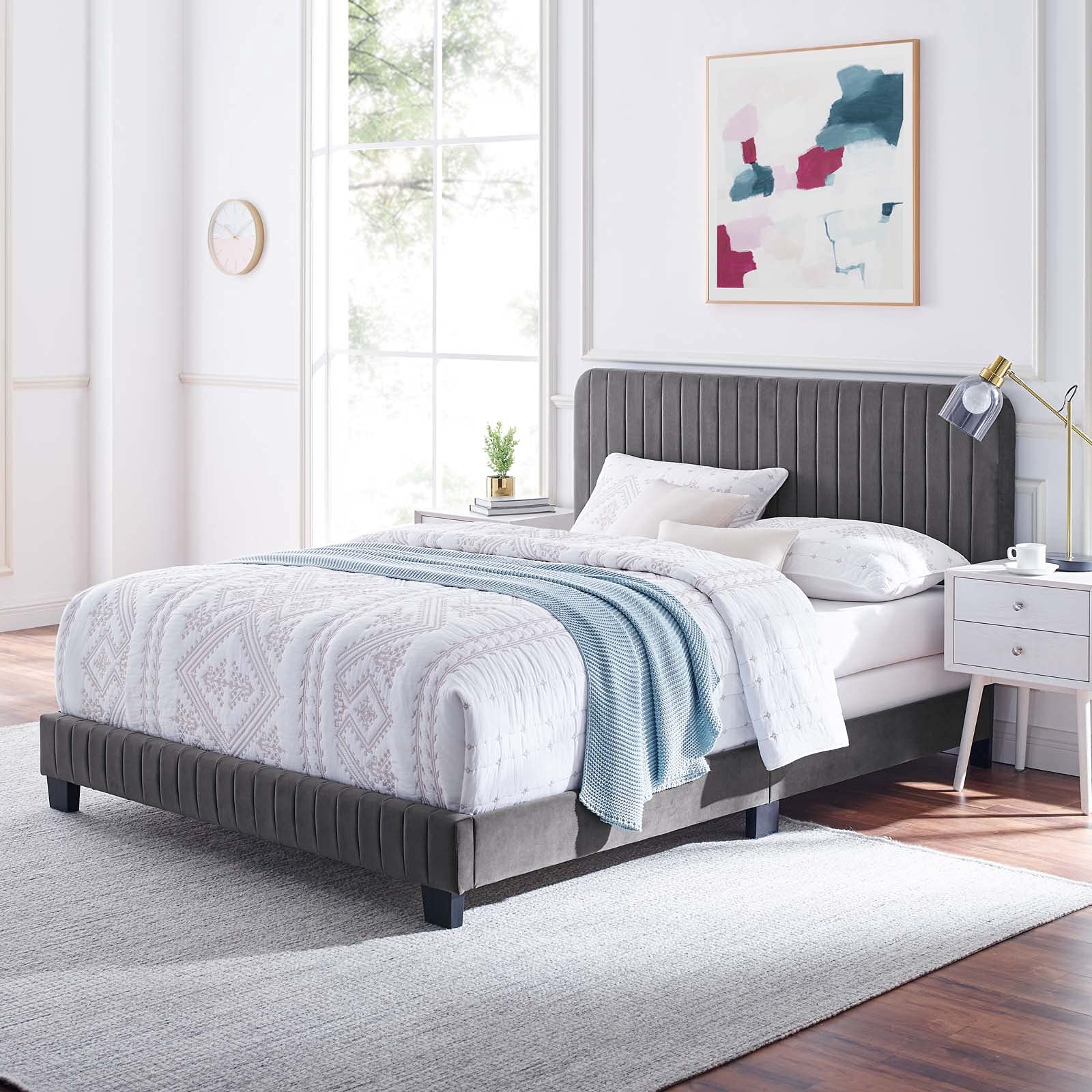 Modway Celine Channel Tufted Performance Velvet Bed, Queen, Gray