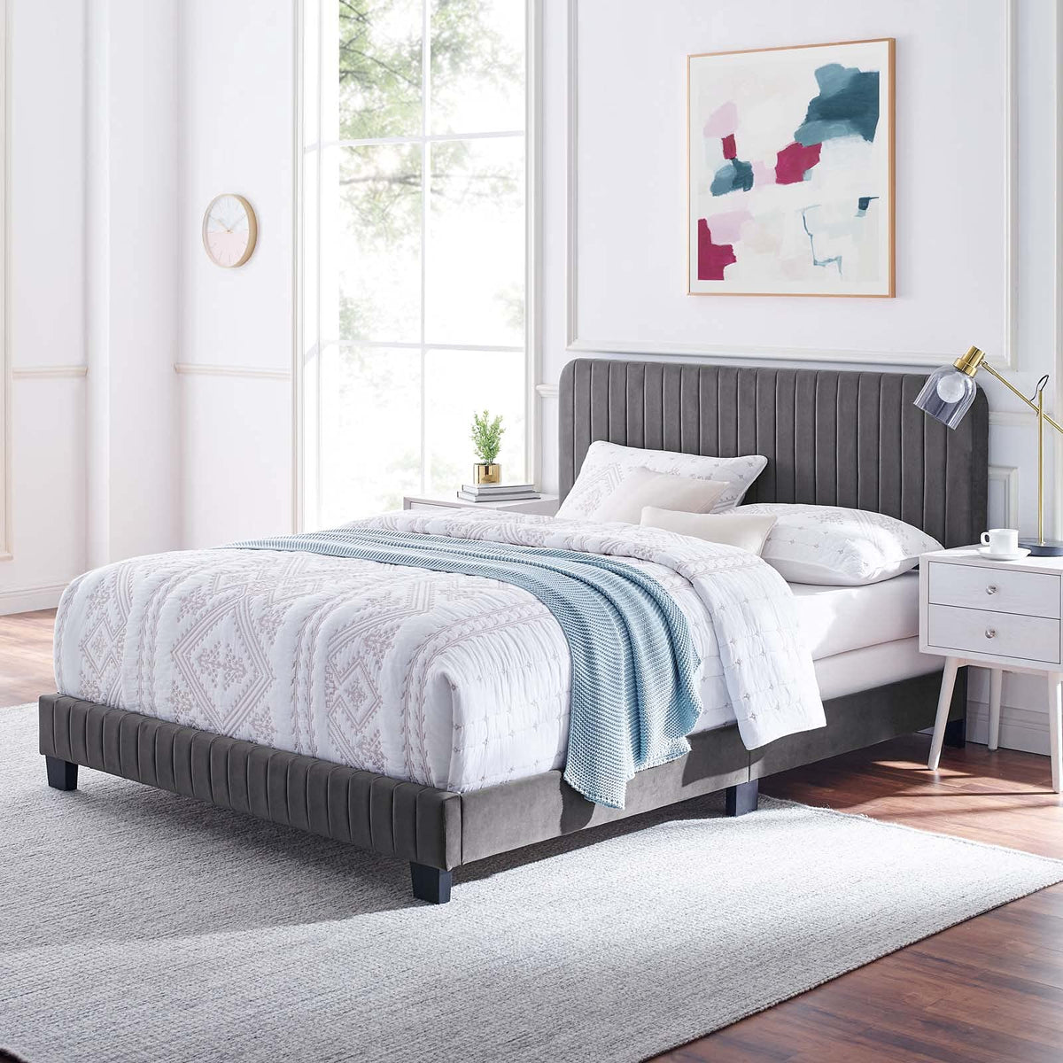 Modway Celine Channel Tufted Performance Velvet Bed, King, Gray