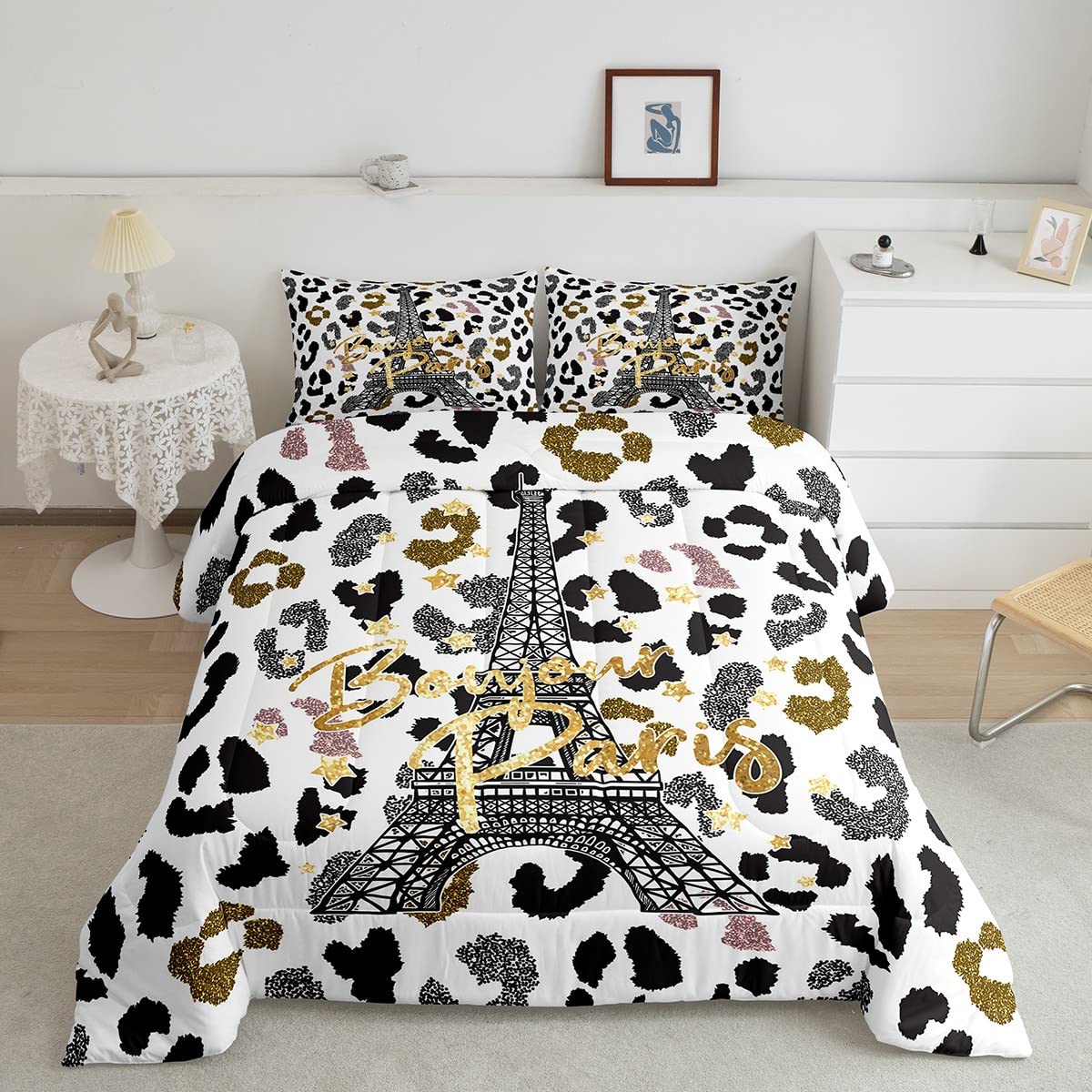 Feelyou Eiffel Tower Comforter Set Leopard Print Bedding Set for Kids Boys Girls Paris Tower Comforter Cheetah Print Quilt Set 1
