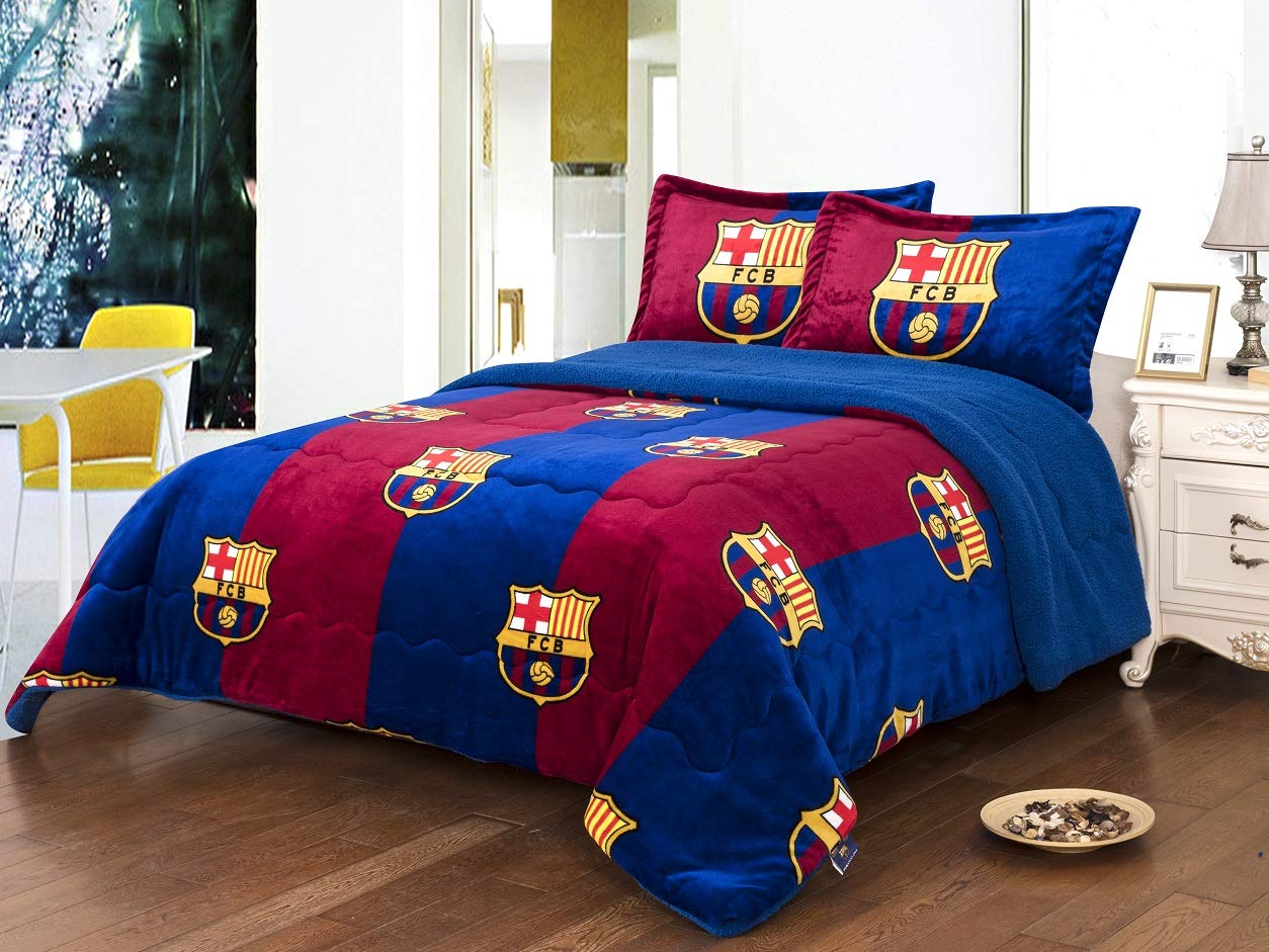 Fcbarcelona 3Pcs Sherpa Set Queen Size, Blanket Set With 2 Pillow Shams