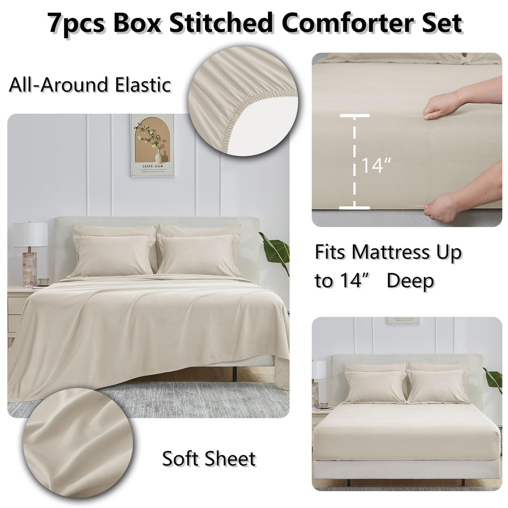 Cozylux Beige Comforter Set Full 7 Pieces Beige Bedding Set Cream Off White Bed In A Bag Set Full Box Stitch Bedding Sets With All Season Comforter, Flat Sheet, Fitted Sheet And Pillowcases & Shams