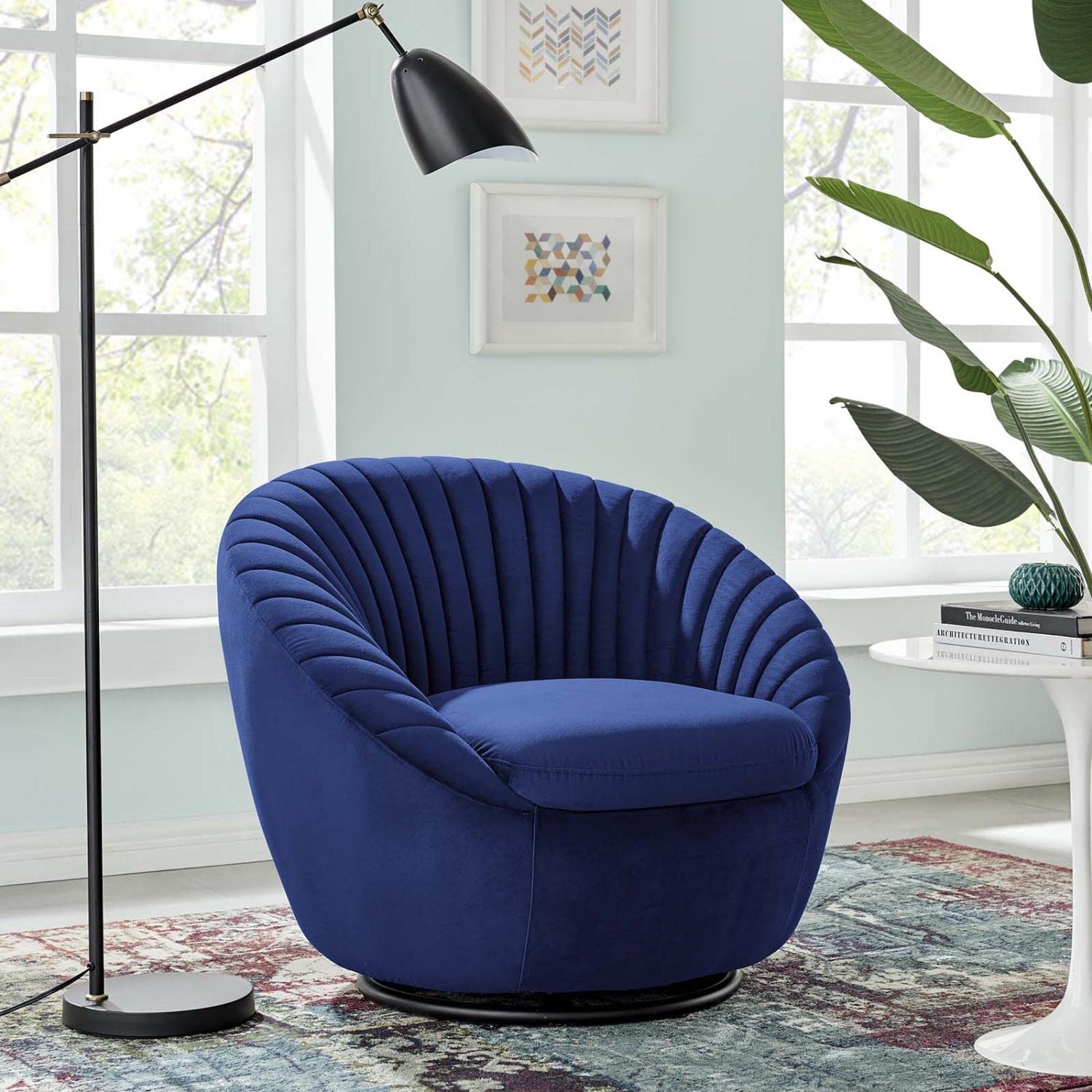 Modway Whirr Tufted Performance Velvet Swivel Chair in Black/Navy