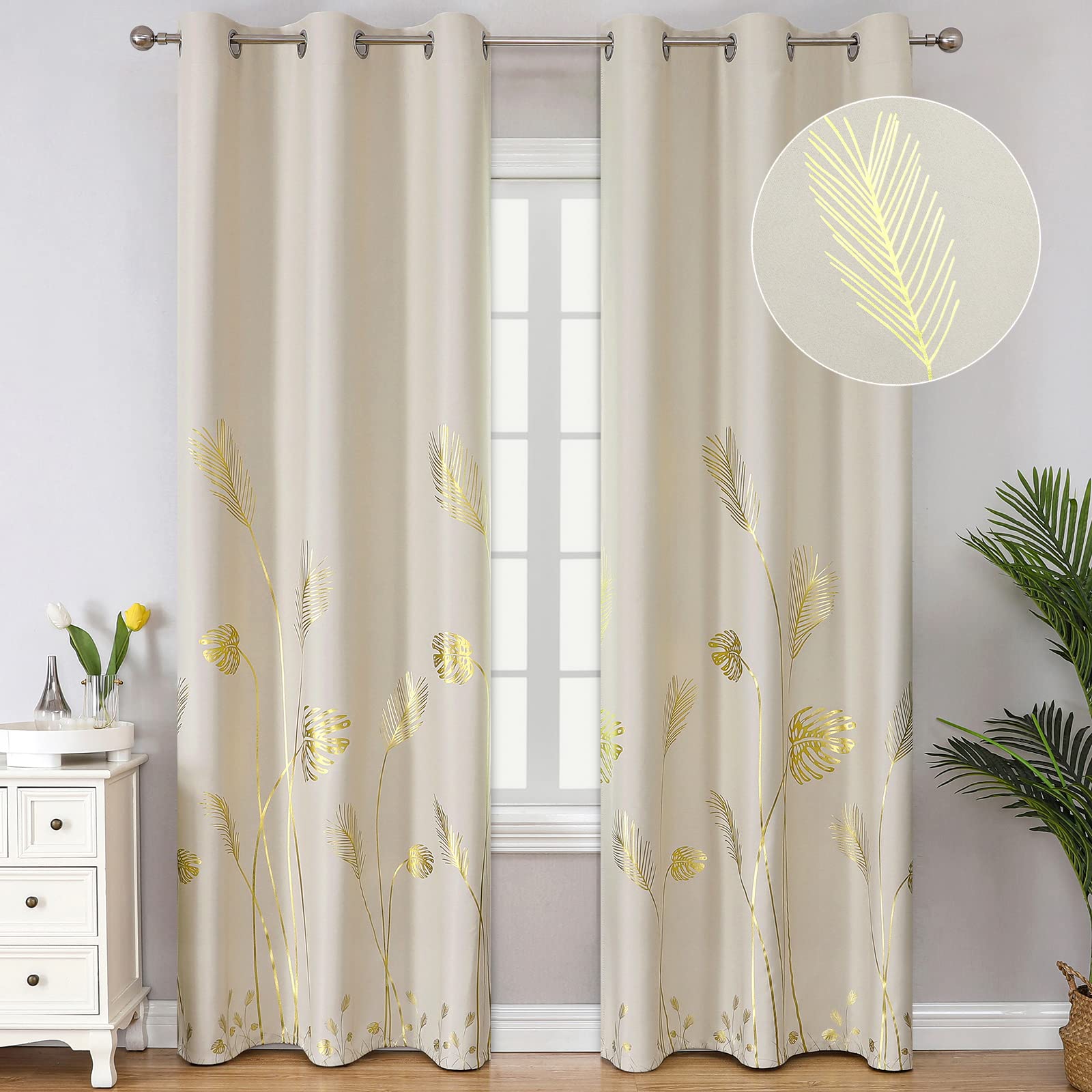 Estelar Textiler Gold Palm Leaf And Wheat Pattern Blackout Curtains For Living Room, Room Darkening Light Blocking Curtains, The