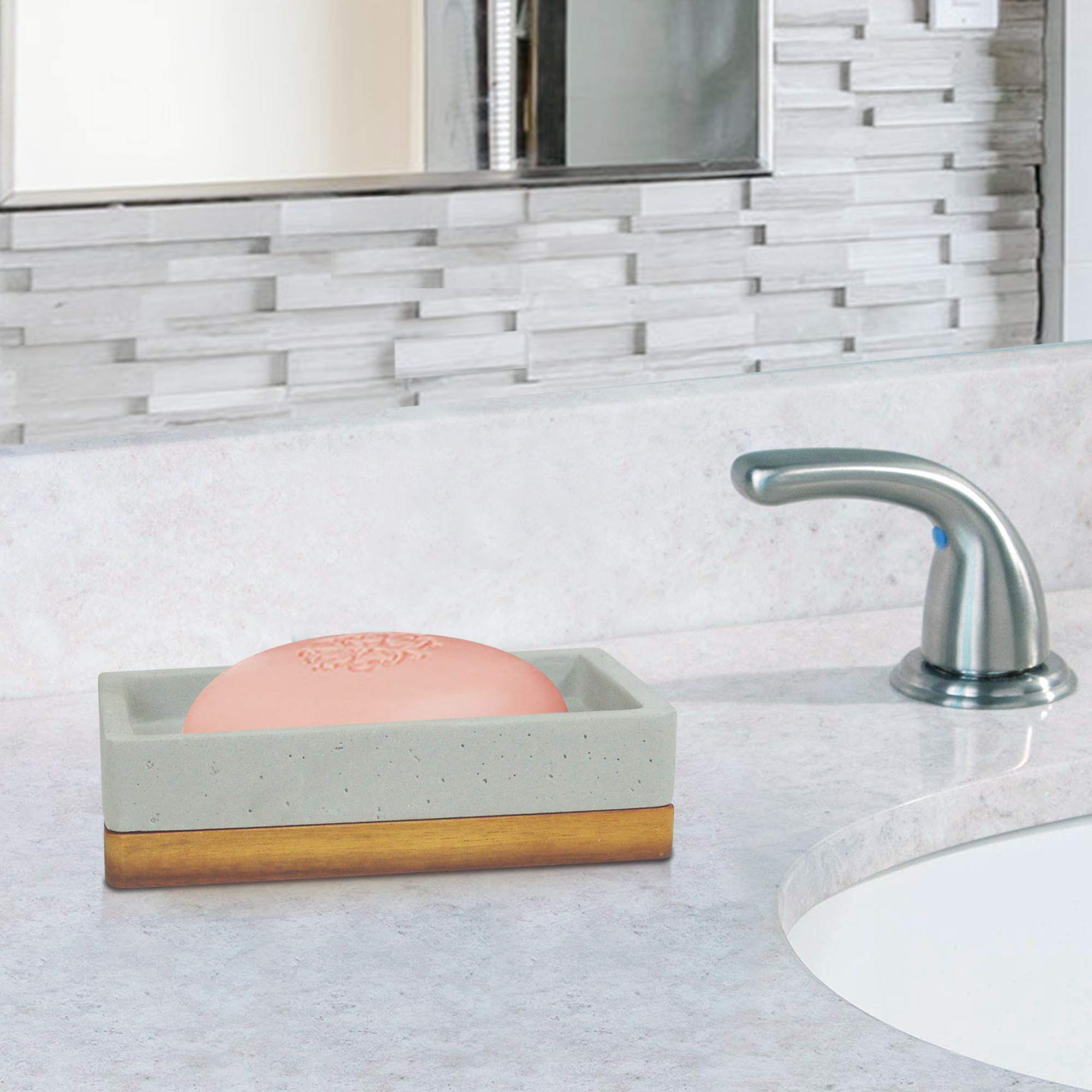 Nu Steel Concrete Bathroom Soap Bar Dish Holder In Real Cement And Wood For Bathrooms & Vanity Spaces