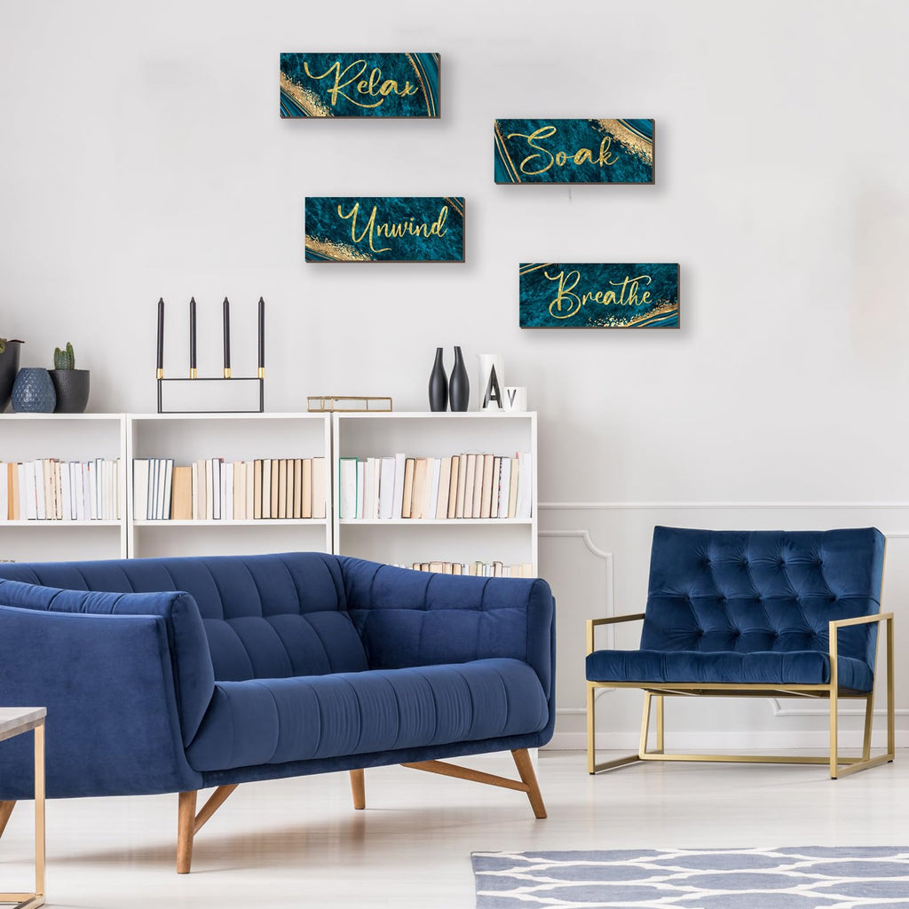 Onizhity 4 Pcs Teal And Gold Bathroom Decor Navy Teal Gold Wall Decor Relax Soak Unwind Breathe Wooden Rustic Marble Style Versa