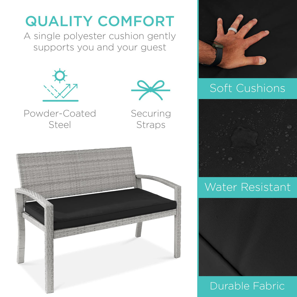 Best Choice Products Outdoor Bench 2-Person Wicker Garden Patio Benches Seating Furniture For Backyard, Porch W/Seat Cushion, 700Lb Capacity - Gray/Black