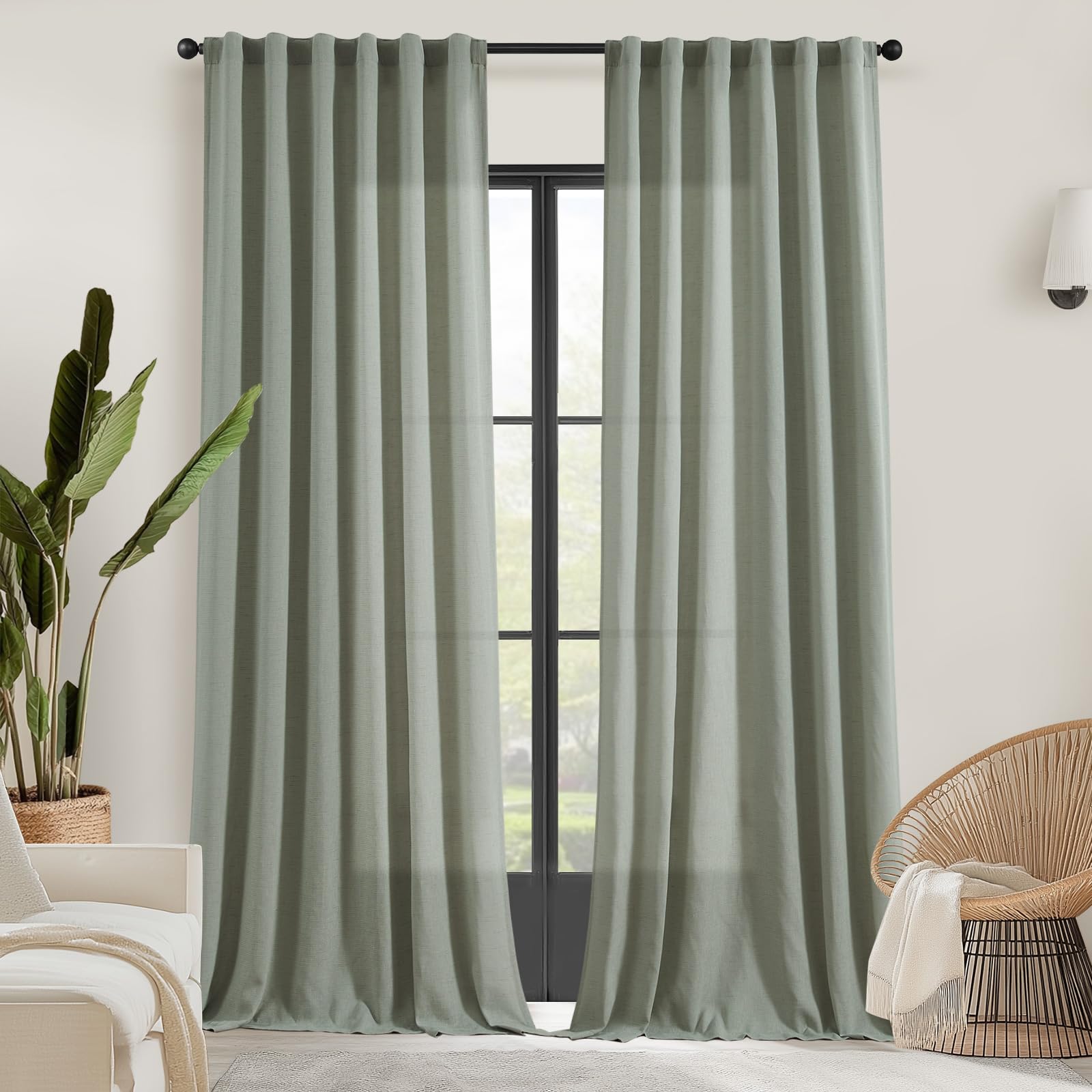 Jinchan Linen Blend Curtains 108 Inches Extra Long For Living Room Farmhouse Rod Pocket Back Tab Light Filtering Window Drapes For Bedroom Curtains Green 2 Panels