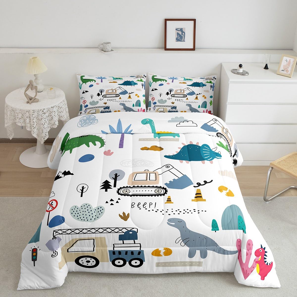 Erosebridal Construction Comforter Set Twin, Cute Dino Excavator Bedding for Kids Boys Girls, Cartoon Car Trucks Crane Equipment