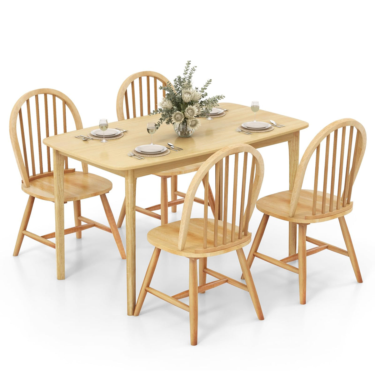 Giantex 48' L Wooden Dining Table Set For 4, 5Pcs Rectangular Kitchen Table Set W/Rubber Wood Supporting Legs, Farmhouse Dinner Table & 4 Windsor Chairs For Kitchen Dining Room Small Space