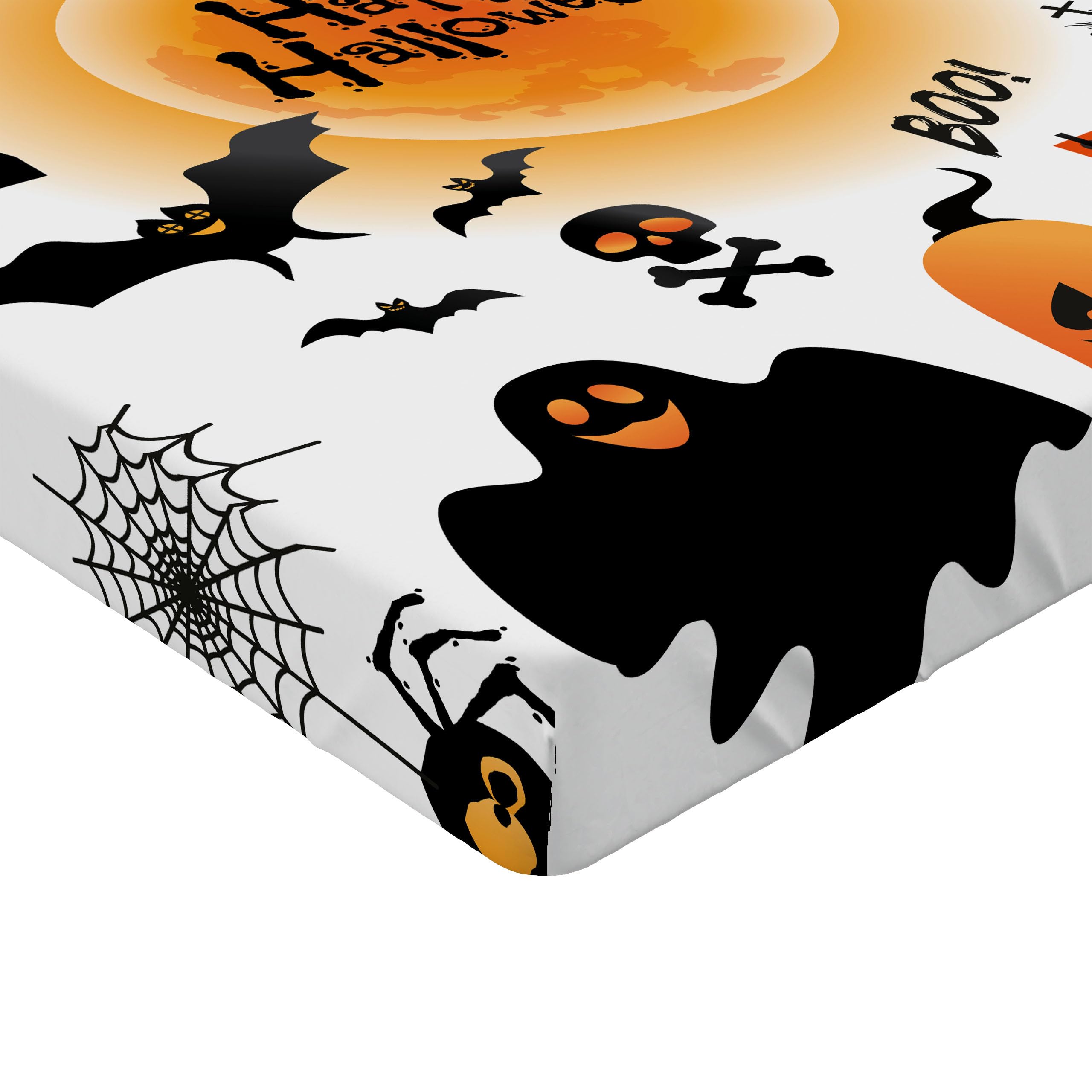 Ambesonne Halloween Fitted Sheet Set, All Hallows Day Objects Haunted House Owl And Trick Or Treat Candy Black Cat, Bed Cover Wi