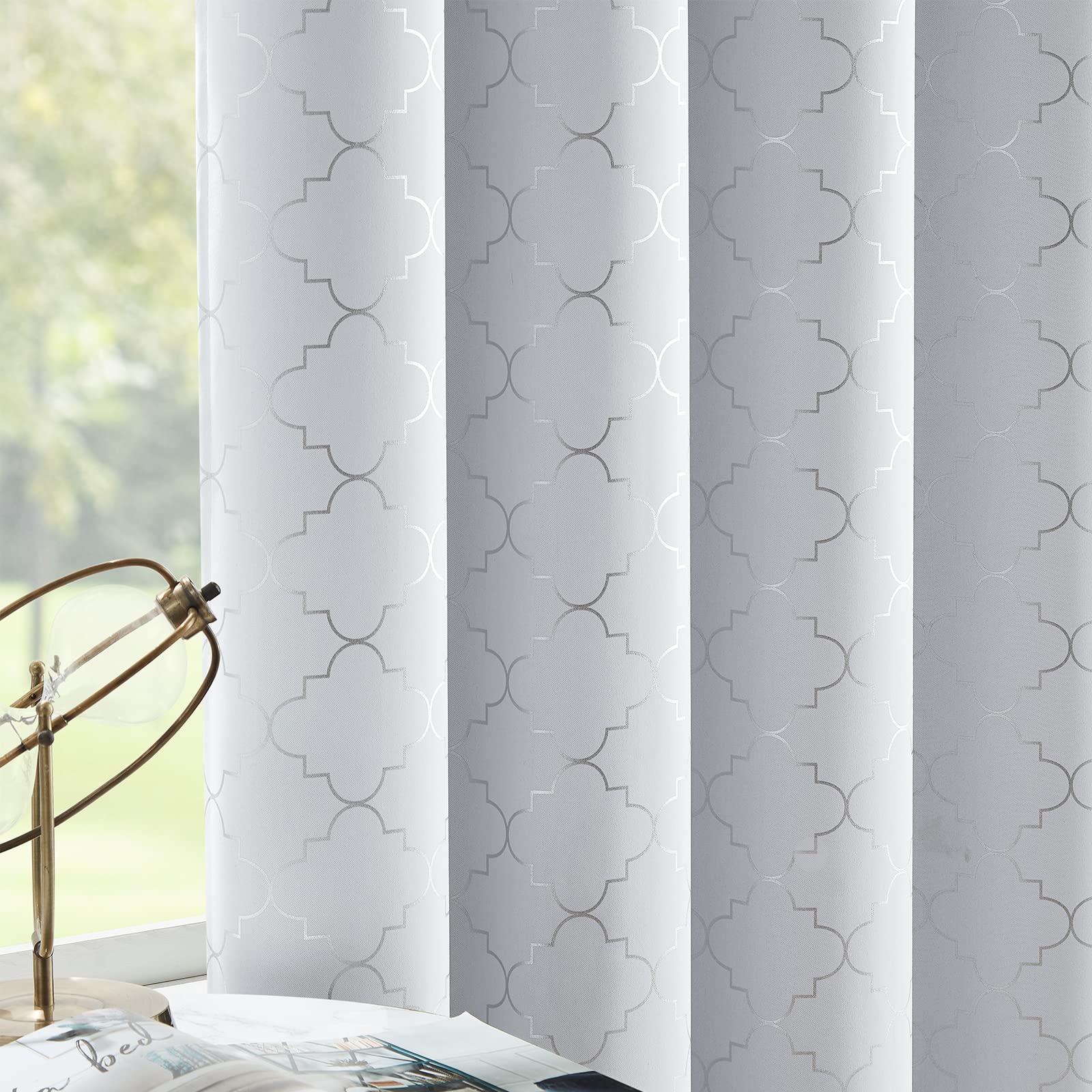 Enactex Full Blackout Greyish White Curtains 63 Inch Thermal Insulated Curtain With Metallic Silver Geometric Pattern, Light Blo