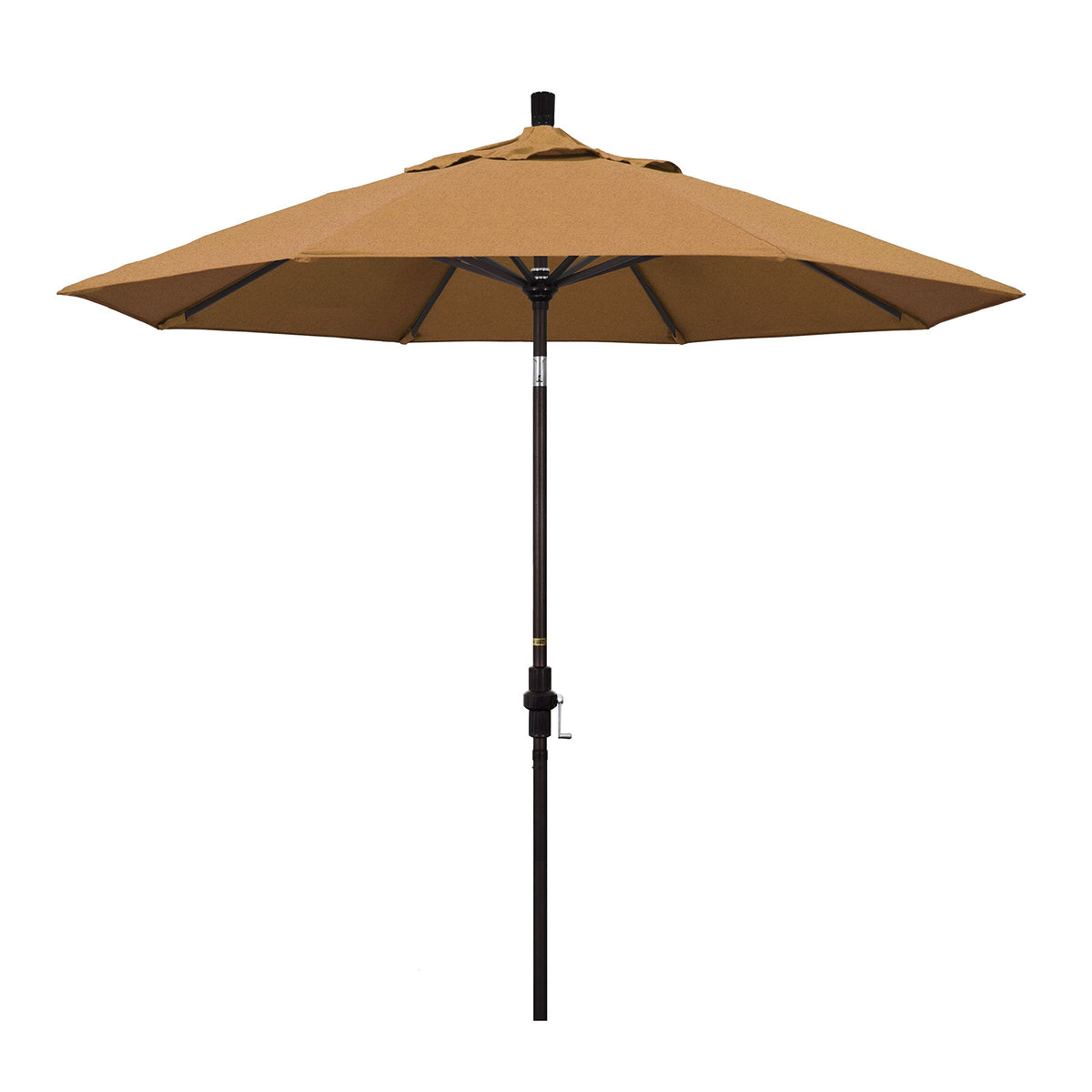 California Umbrella 9' Round Aluminum Market Umbrella, Crank Lift, Collar Tilt, Bronze Pole, Sunbrella Teak
