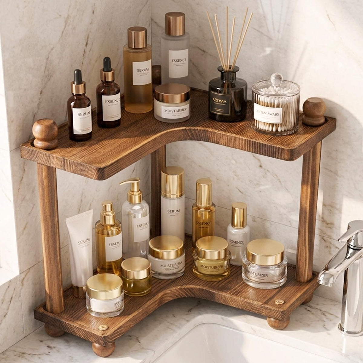 Humskur Bathroom Counter Organizer, Wooden Corner Vanity Shelf