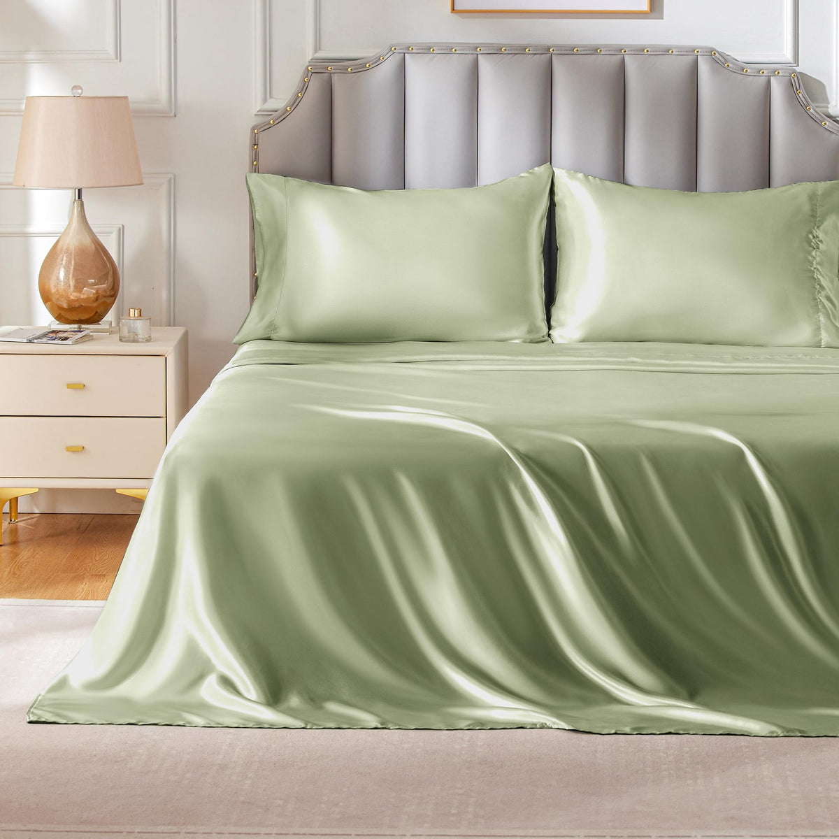 Freshculture Satin Sheets Queen Size, Silky Soft Satin Bed Sheets, 4 Psc Sage Satin Sheets With Deep Pocket, Similar To Silk She