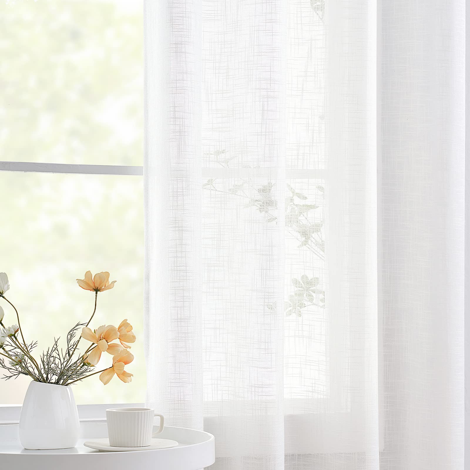 White Semi Sheer Curtains For Living Room Bedroom 63 Inch Length Linen Textured Window Treatment Set Light Filtering Sheer Windo