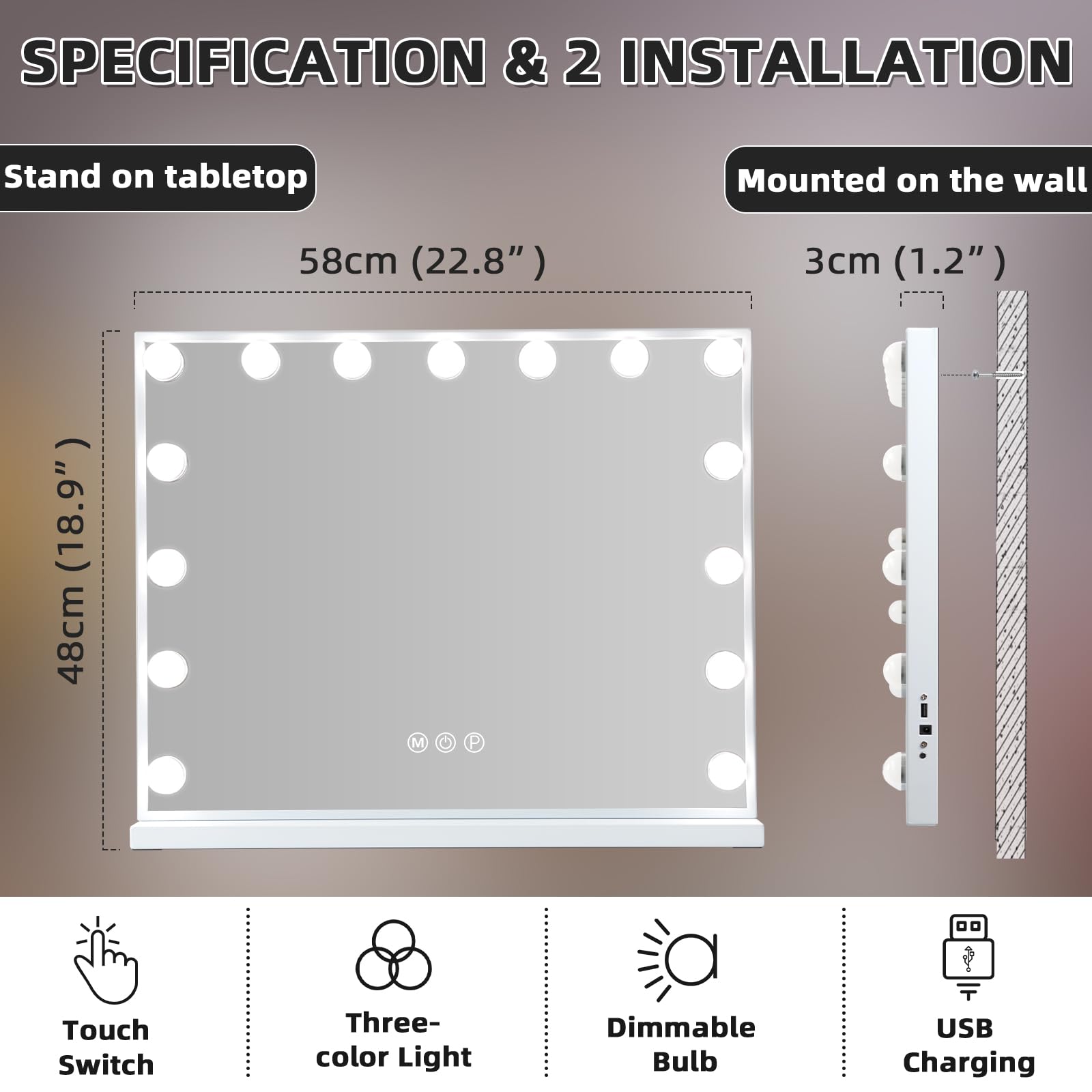 Misavanity Vanity Mirror With Lights White Hollywood Vanity Makeup Mirror With 15 Led Bulbs, Tempered Galss, Usb Charge Port And