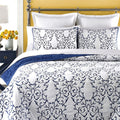 Mixinni Reversible Queen Quilt 3-Piece Blue Embroidery Pattern Elegant Quilt Set With Embroidered Decorative Shams Soft Queen Be