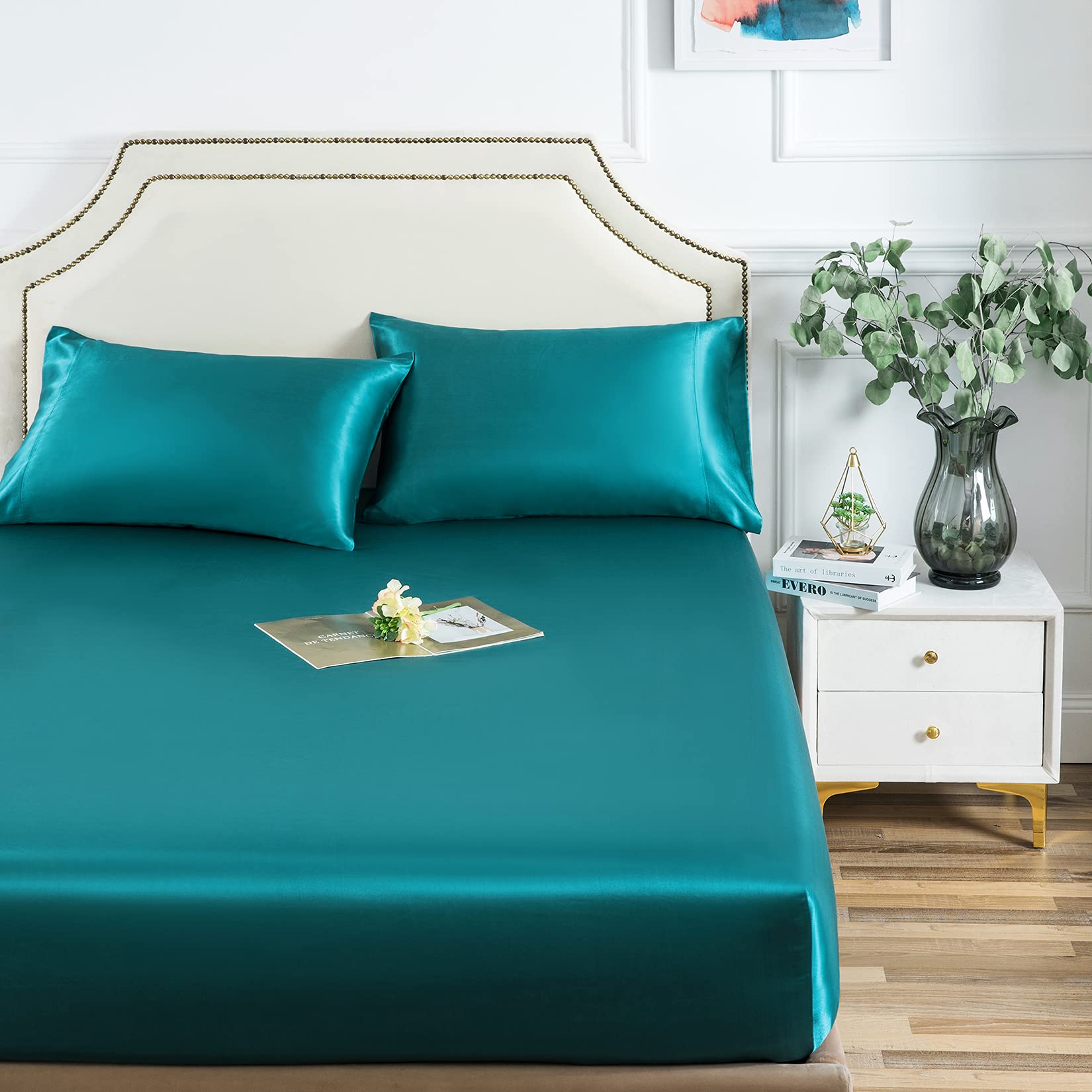 Satin Fitted Sheet, Twin Fitted Sheet Only, 1 - Piece Ultra Soft Deep Pocket Single Silk Bottom Bed Sheet Twin - Teal
