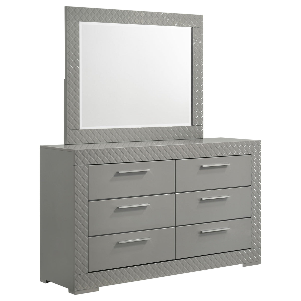 Coaster Home Furnishings Ives Contemporary 63-inch 6-Drawer Bedroom Dresser with Mirror Bedroom Clothing Storage Cabinet Wide Chest of Drawers Organizer Unit Grey High Gloss 224973M